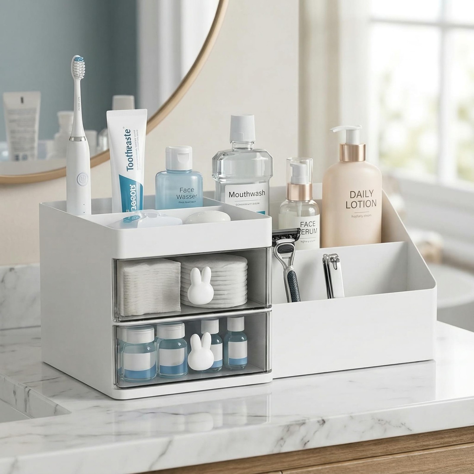 Makeup Organizer With 2 Drawers, Countertop For Vanity, White