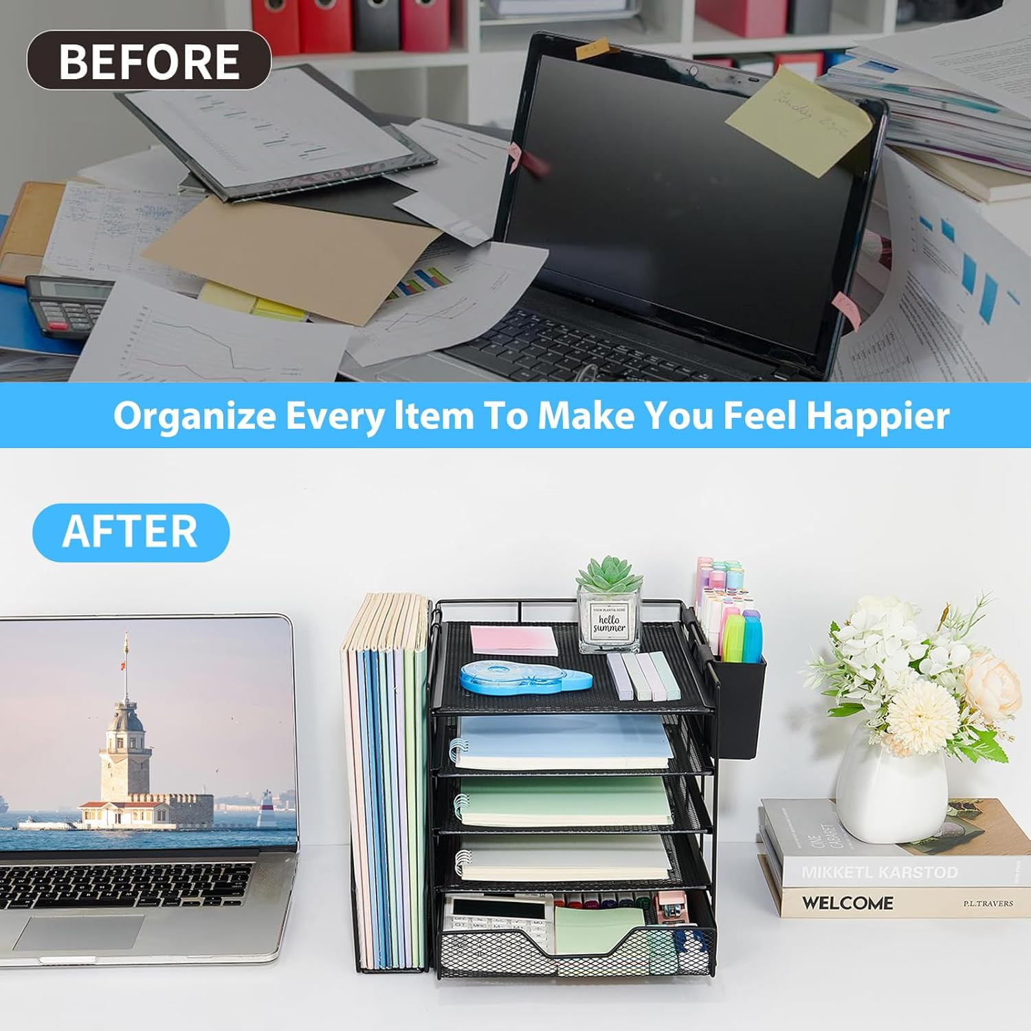 5 Tier Desk Organizer with Letter Trays File Holder Drawer Pen Holder Black
