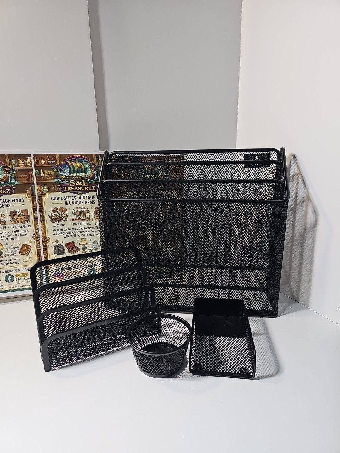 4 Piece Mesh Desk Organizer Set Pen Holder Metal Cup Paper Clip Storage