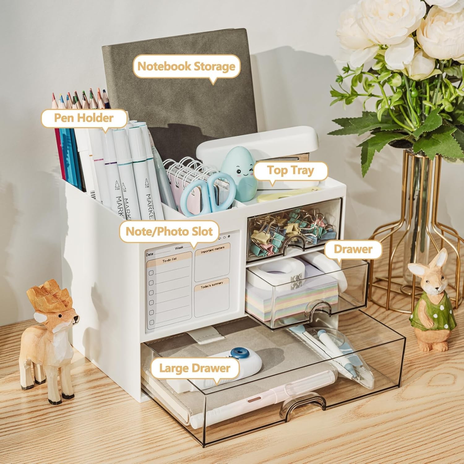 Desk Organizer with 3 Drawer, Multi-Functional Pencil Pen Holder for Desk, Desk