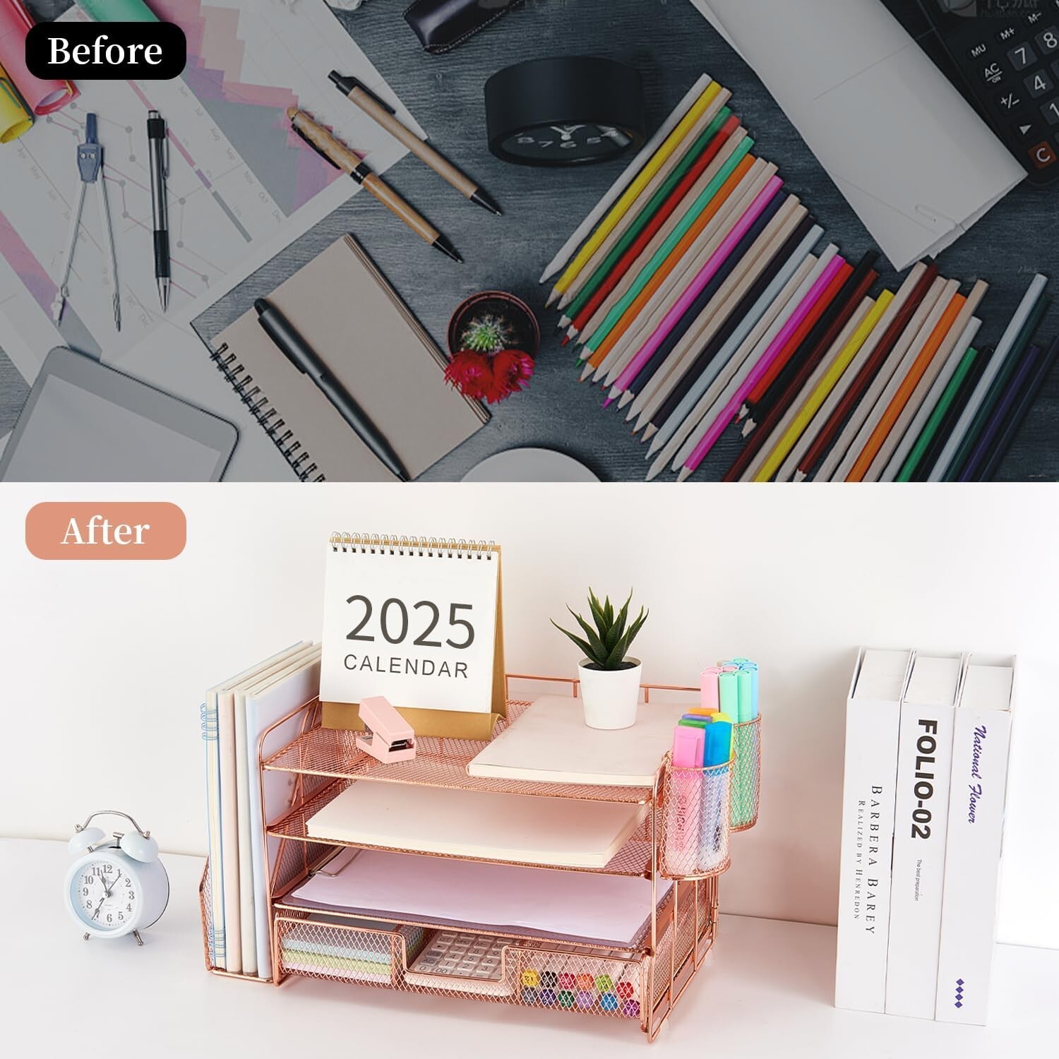 Sleek 4-Tier Metal Letter Tray Organizer with Drawer – Modern Rose Gold Style