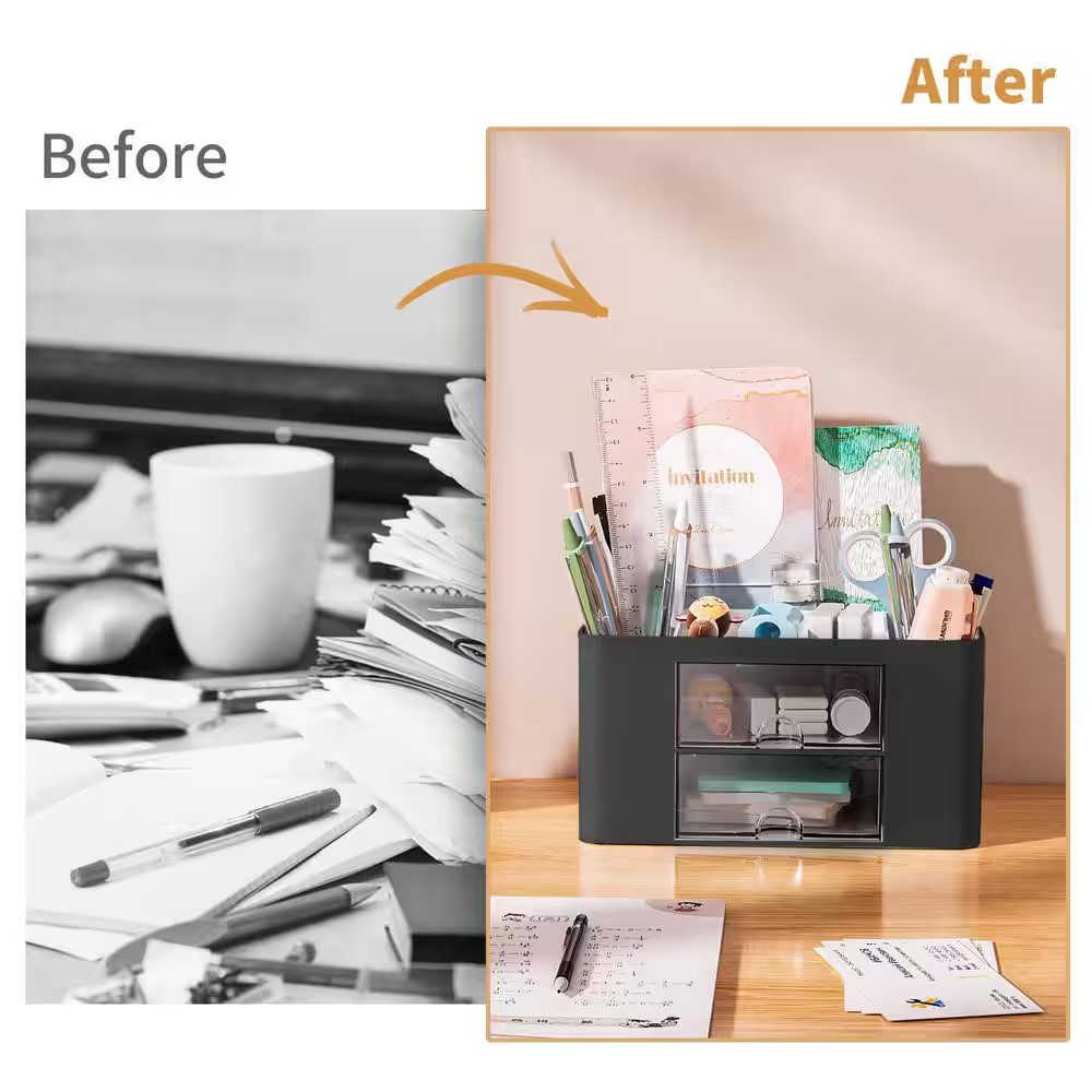 3 Compartments Pen Holder with 2 Drawers, Multi-Functional Desk Organizer for Of