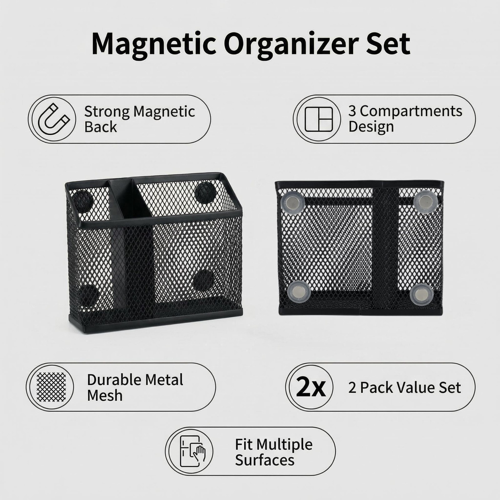 Magnetic Pen Holder 2 Pack, 3-Compartment Metal Mesh Magnetic Organizer for W…