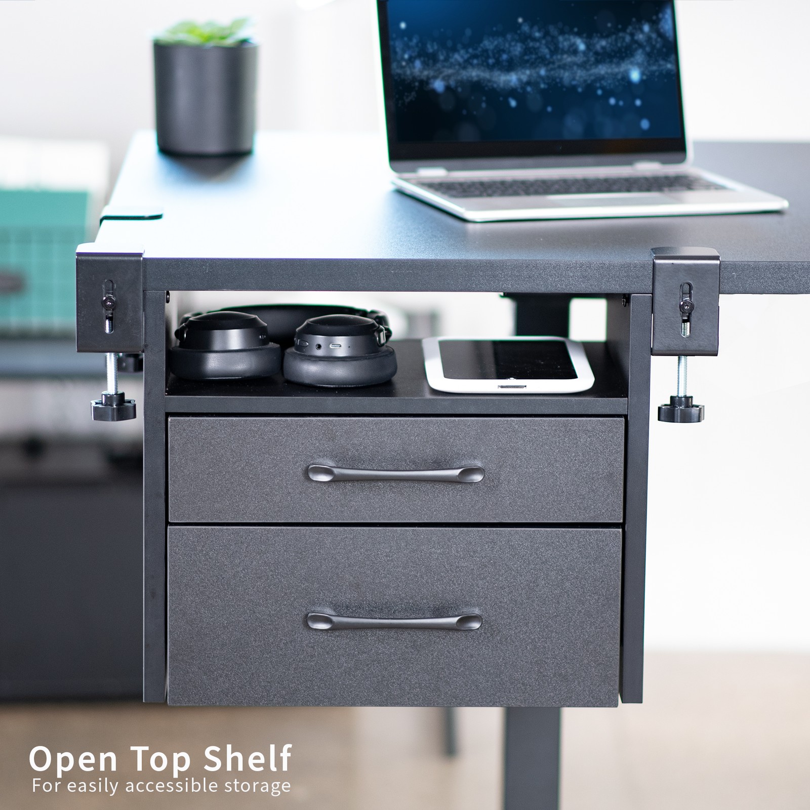 VIVO Black Corner Clamp-on Desk Drawer & Shelf System