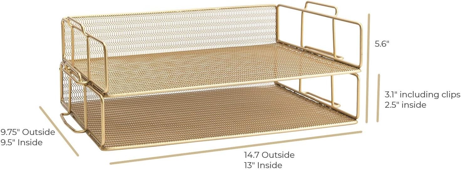 BLU MONACO | Paper Tray Stackable Gold Mesh Set of 2 | Stackable File Trays for