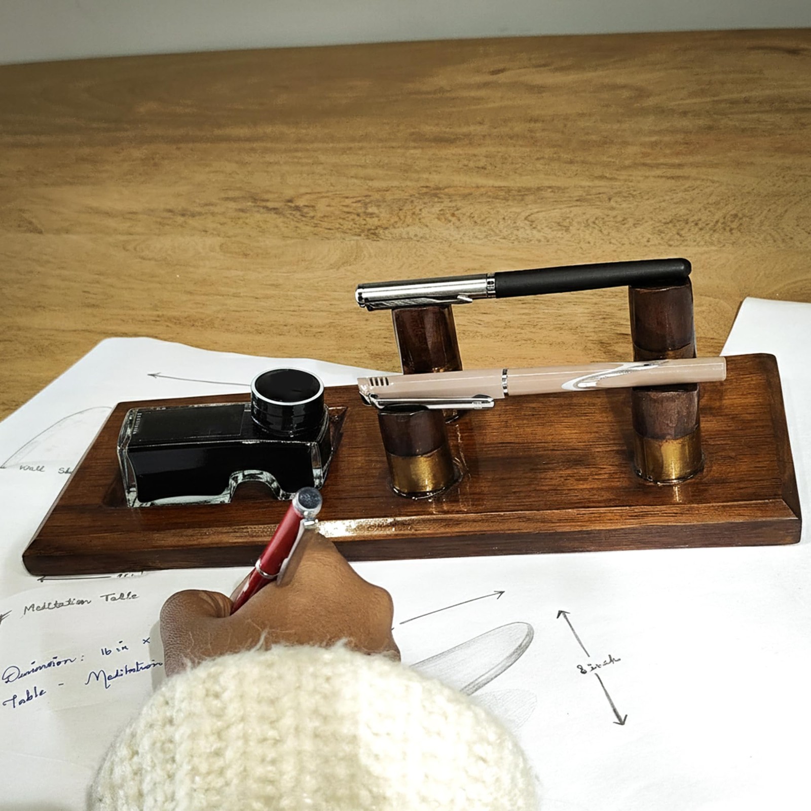 Luxury Wooden Desk Pen Stand with Ink Bottle Holder – Premium Executive Offic…