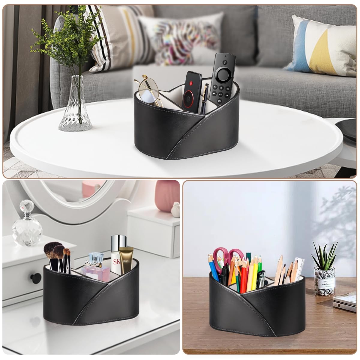 Remote Control Holder for Table, Leather TV Remotes Caddy 3 Grid Desk Organiz…