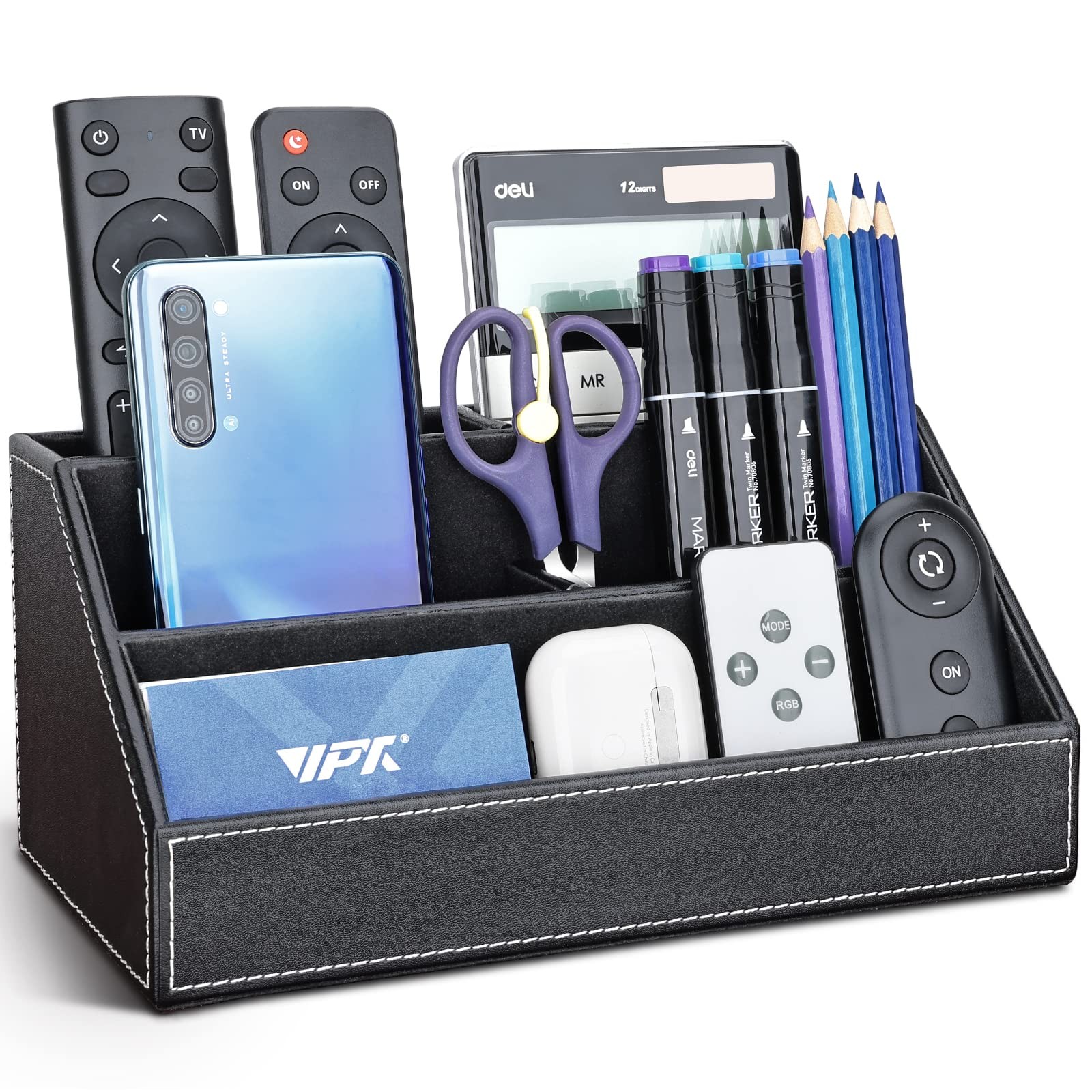 KINGFOM Pu Leather Desk Organizer with 5 9.4 x 5.3 x 4.7 inches, Black