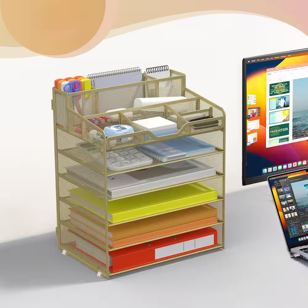 1-Pack Gold Yellow Mesh Desk Organizer 6-Tier Adjustable Letter Tray with 3 Pen