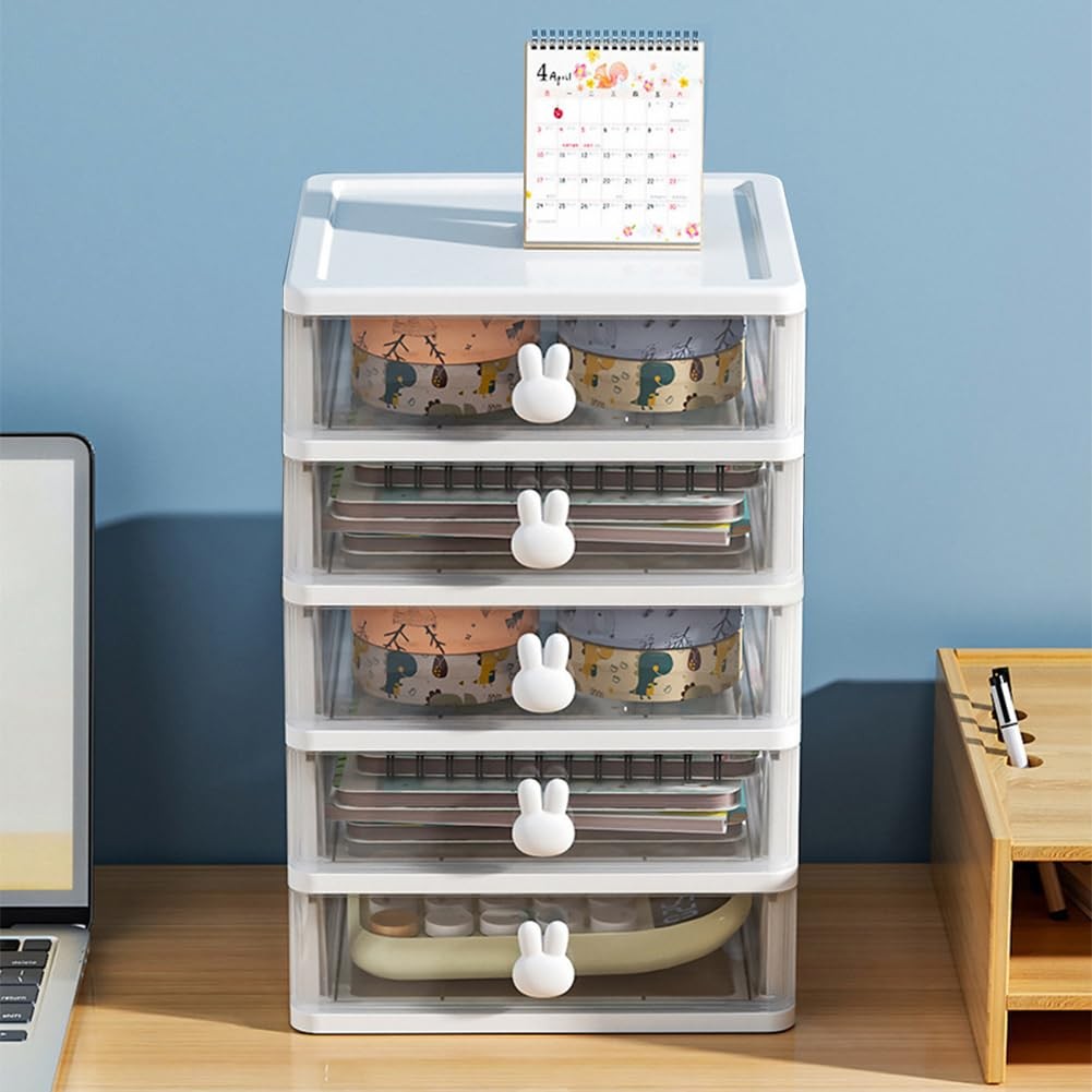 Glomora 5-Tier Desk Storage Box, Transparent Plastic Organizer #414, White