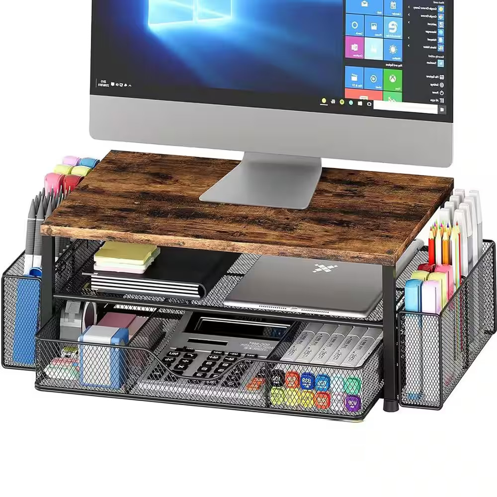 Brown 15.5 In. X 6.3 In. Metal Modern Desk Organizers with Drawer and 2 Pen Hold