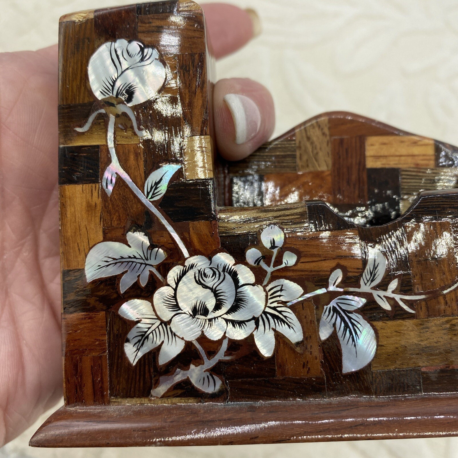 Handmade Laquered Wood Business Card & Pencil Holder With Inlaid Shell Design