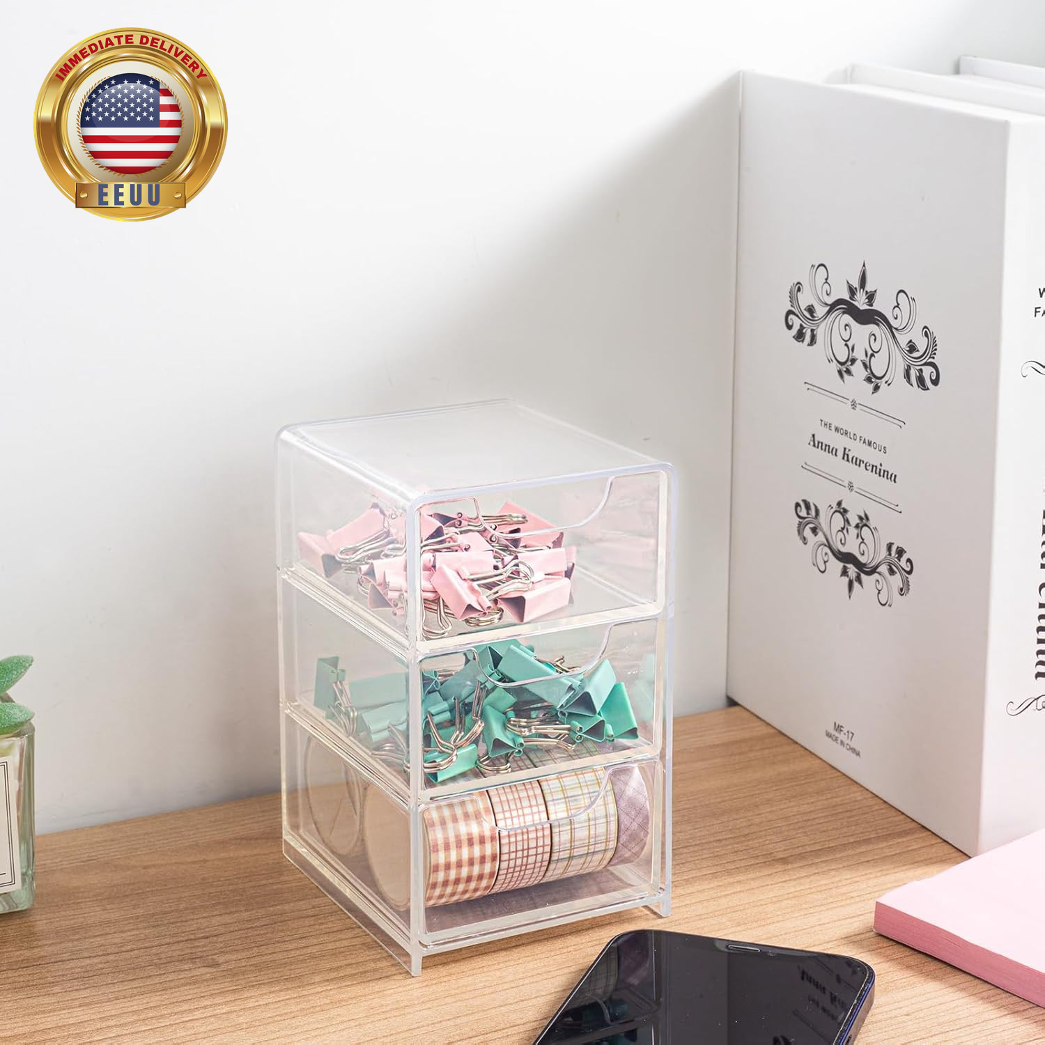 Small Desk Organizer with Drawer, Desktop Organization for Office Supplies, Jewe