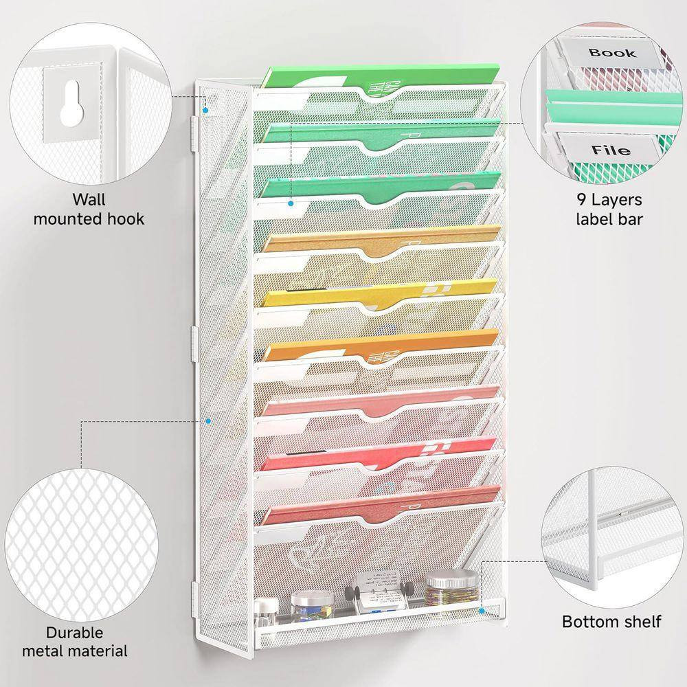10-Tier Metal Wall Mount Hanging File Organizer, Vertical Document Organizer Whi