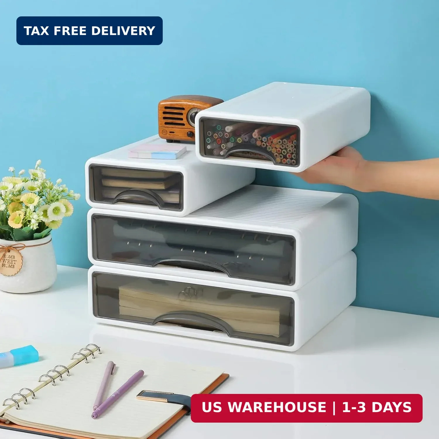 White Desktop Drawers for Paper, Stackable Office Storage Drawers for Desk, Craf