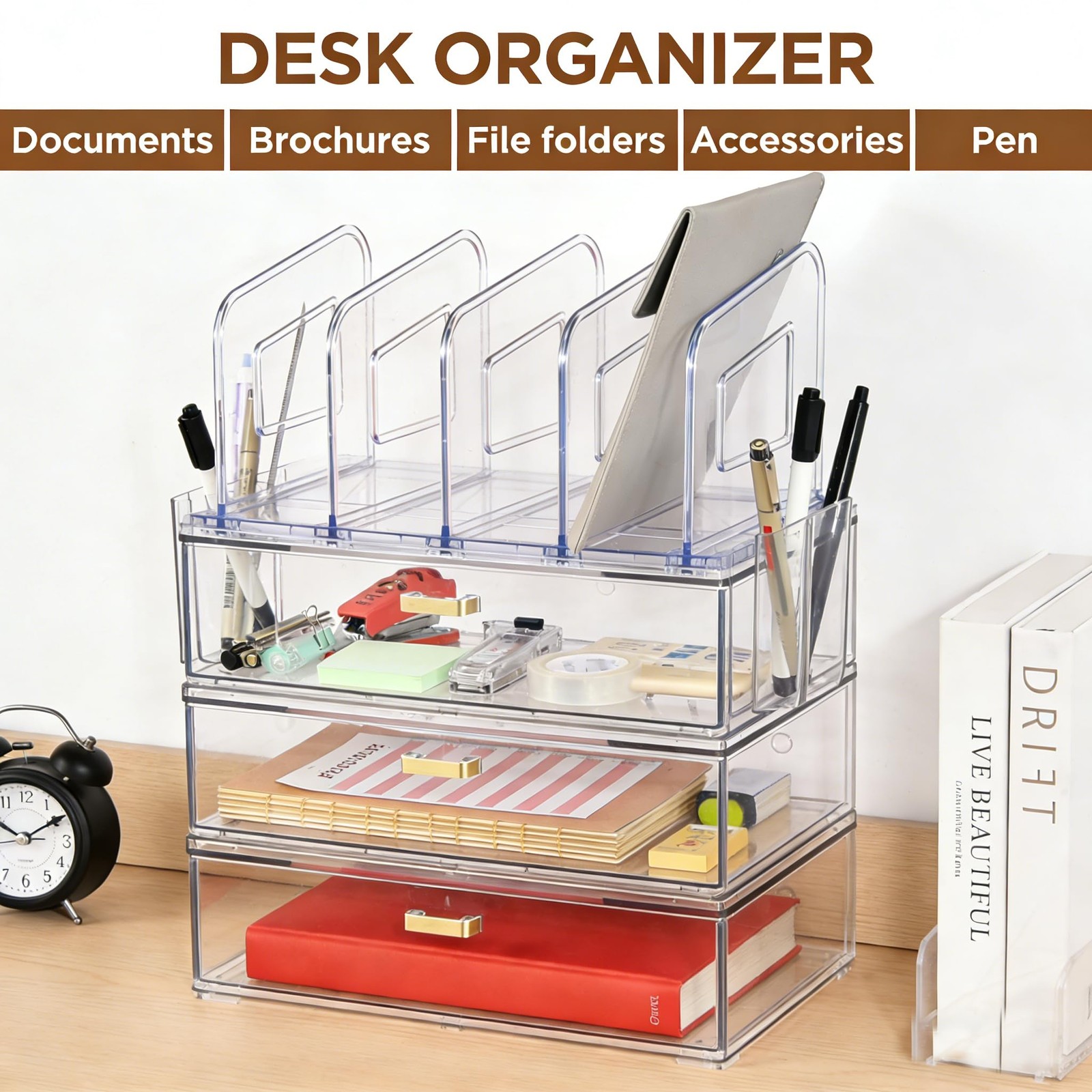 LALOBLUE Acrylic Desk Organizer with 4-Vertical File Holder 3 Layer, Clear