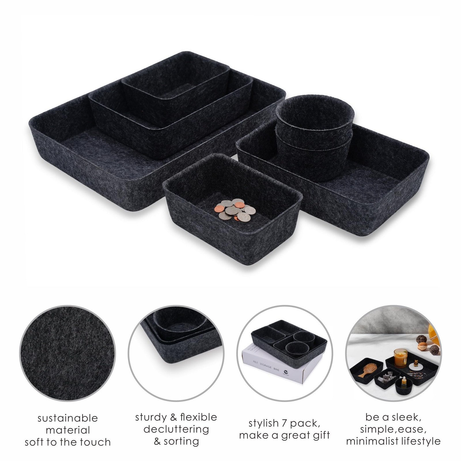 7 PCS Carbon Felt Drawer Organizer Trays Desk Storage Bins Office Home