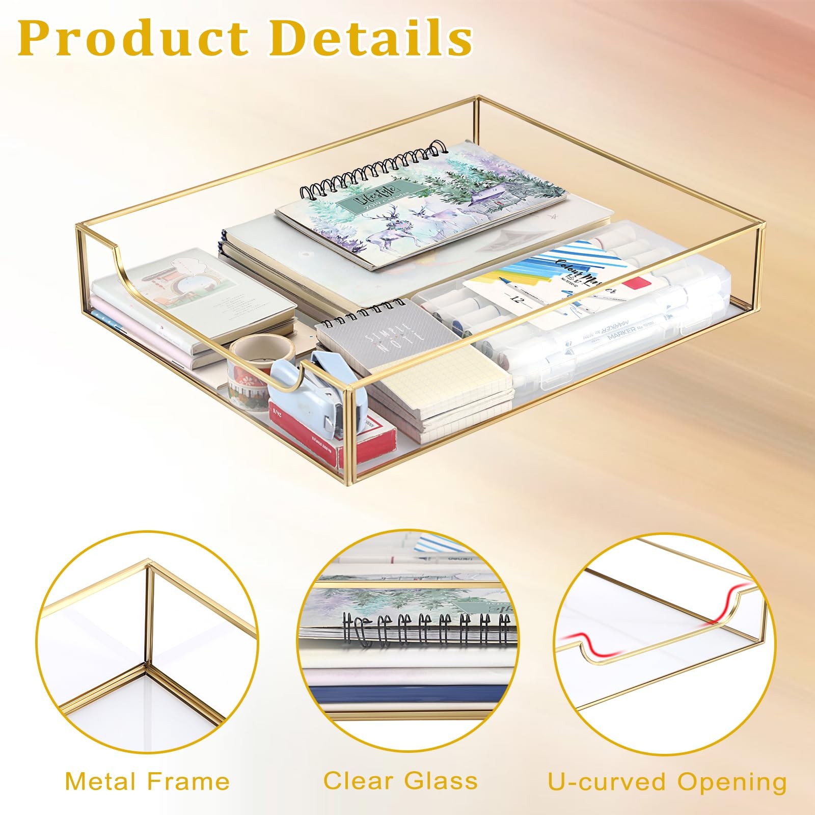 1 Pack Golden Glass Desk Tray, Multi-Purpose Organizer for A4 Paper, Document…