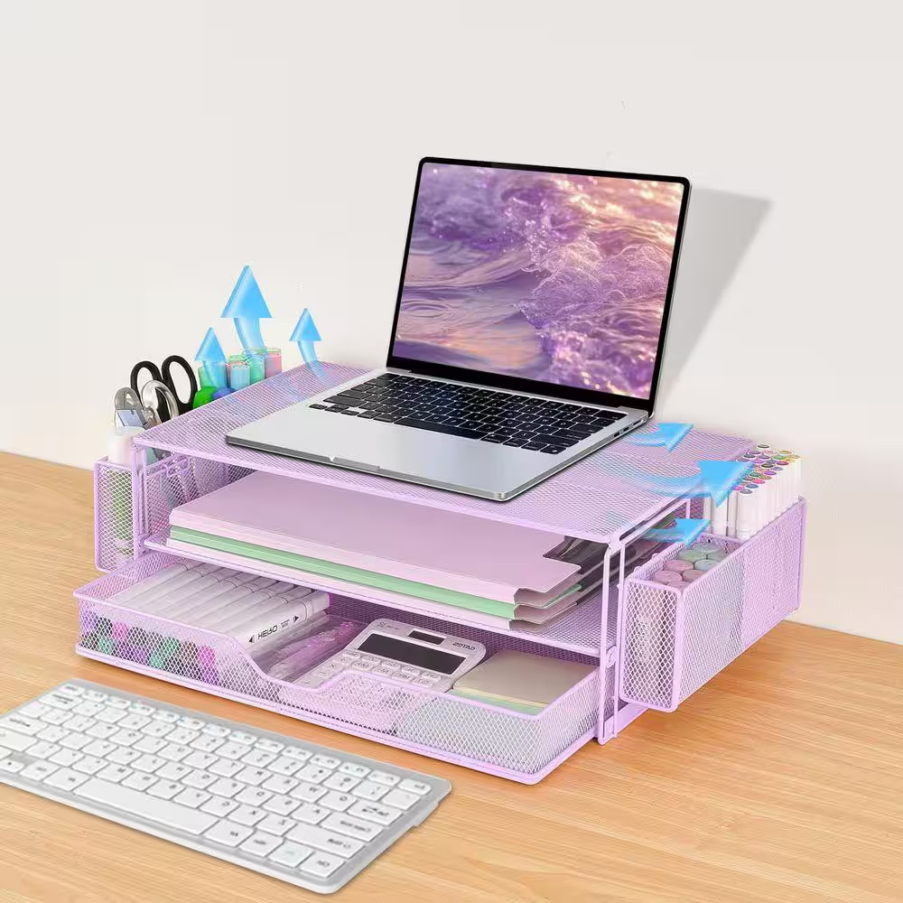 Purple 15.7 In. X 5 In. Metal Modern Desk Organizer Stand with Drawer and 2 Pen