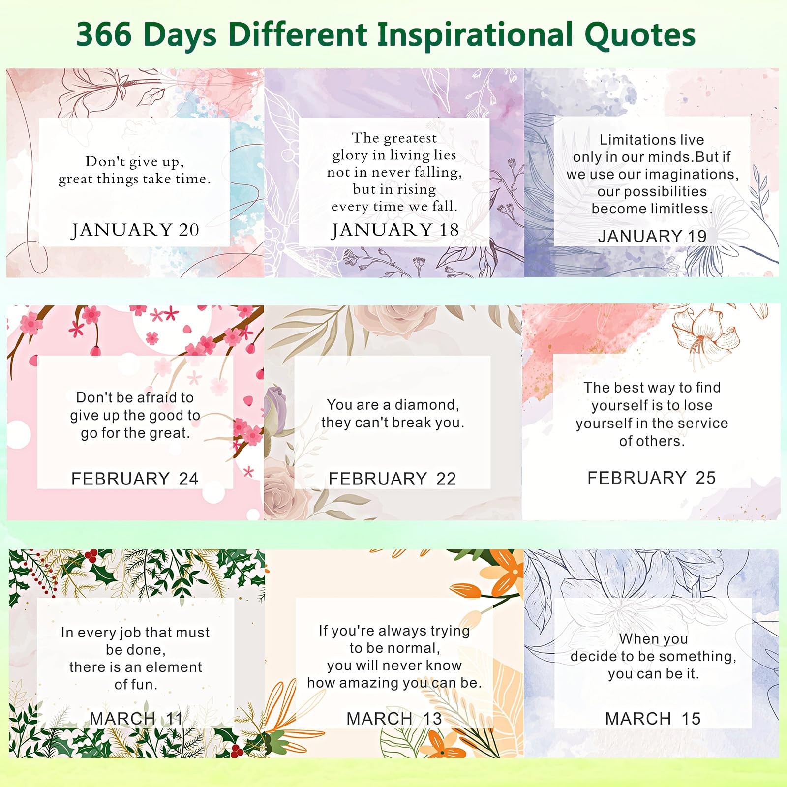 Daily Inspirational Quote Calendar Desktop 2026 5.12″W x 5.6″H, Light-green