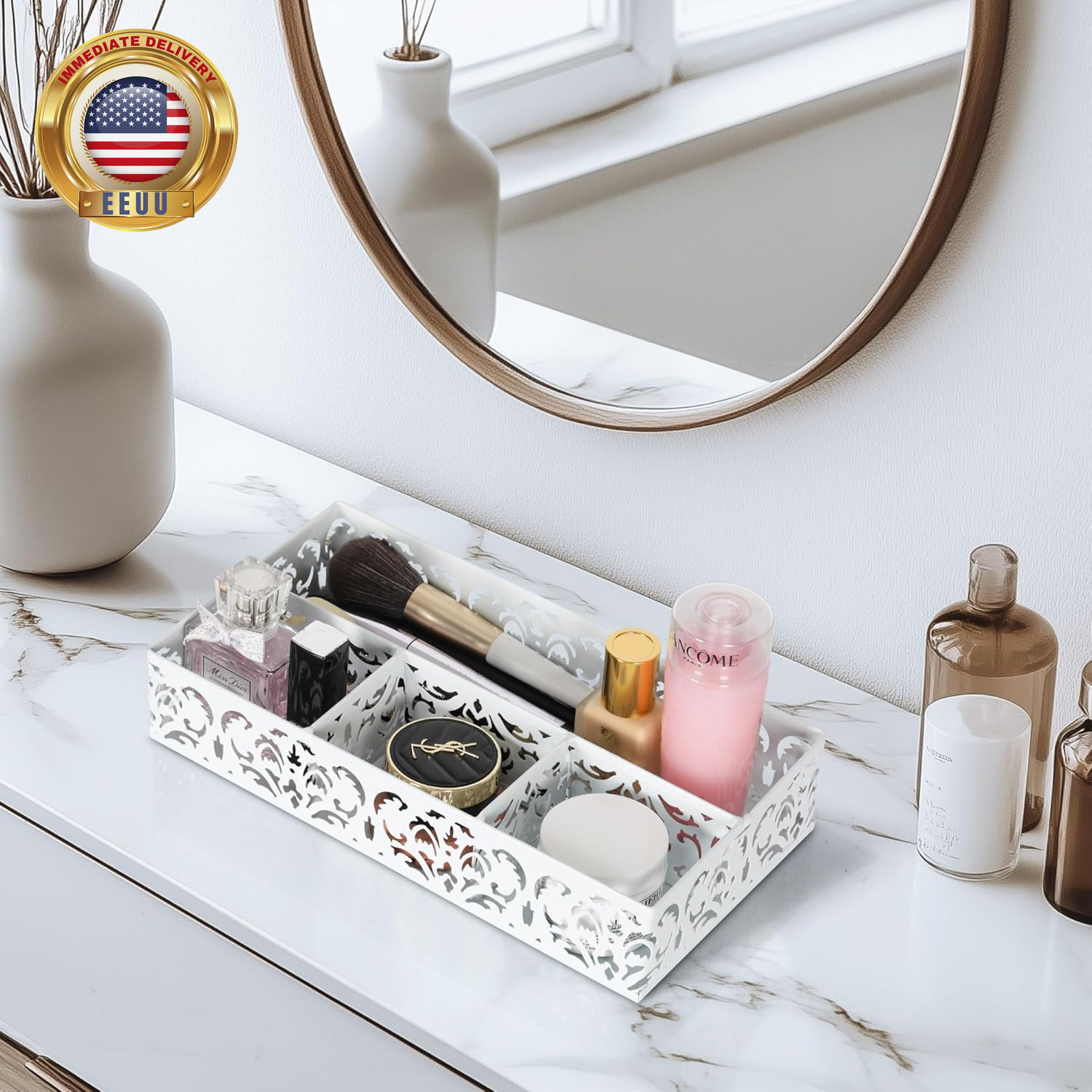 Desk Drawer Organizer with 4 Compartments, Carved Hollow Floral Metal Tray for O