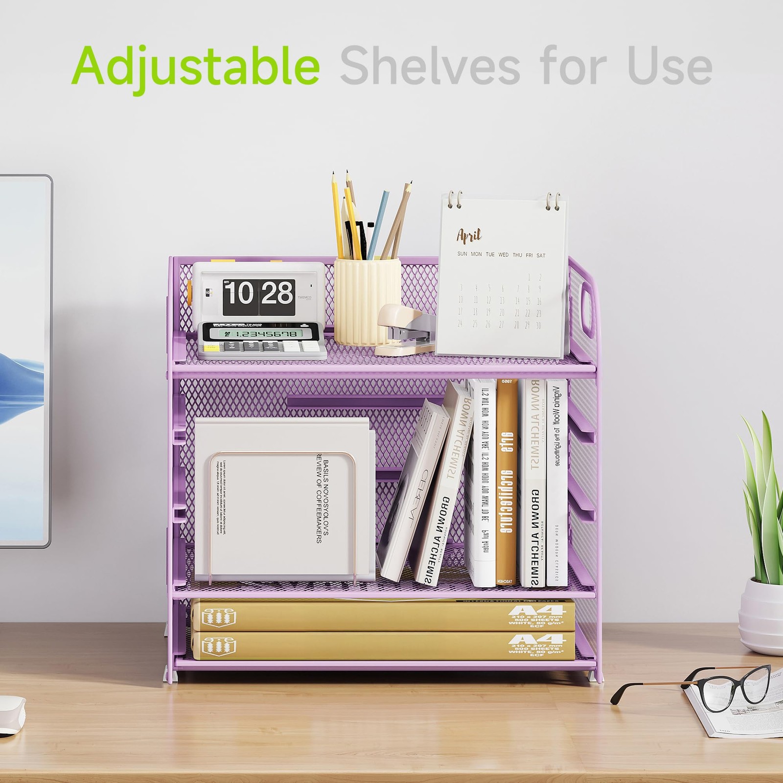 Cawukege 5 Tier Paper Organizer with Handle, 12.6″ x 9.1″ x 13.5″, Purple