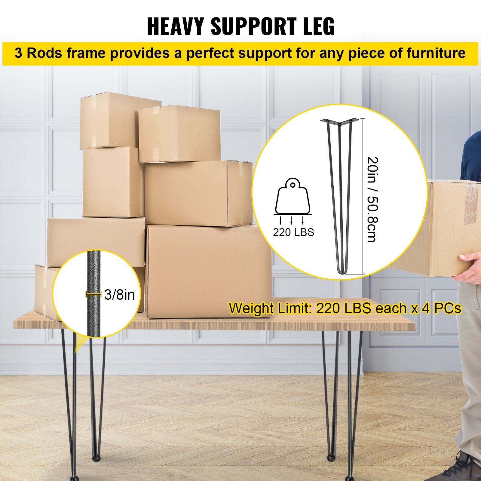 Hairpin Table Legs 20″ Black Set of 4 Desk Legs 880lbs Load Capacity (Each