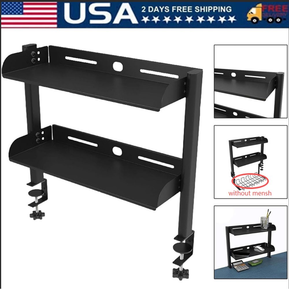 Desktop or Under-Desk Shelf Clamp-on 2-Tier Shelving W/ Adjustable Storage Tray