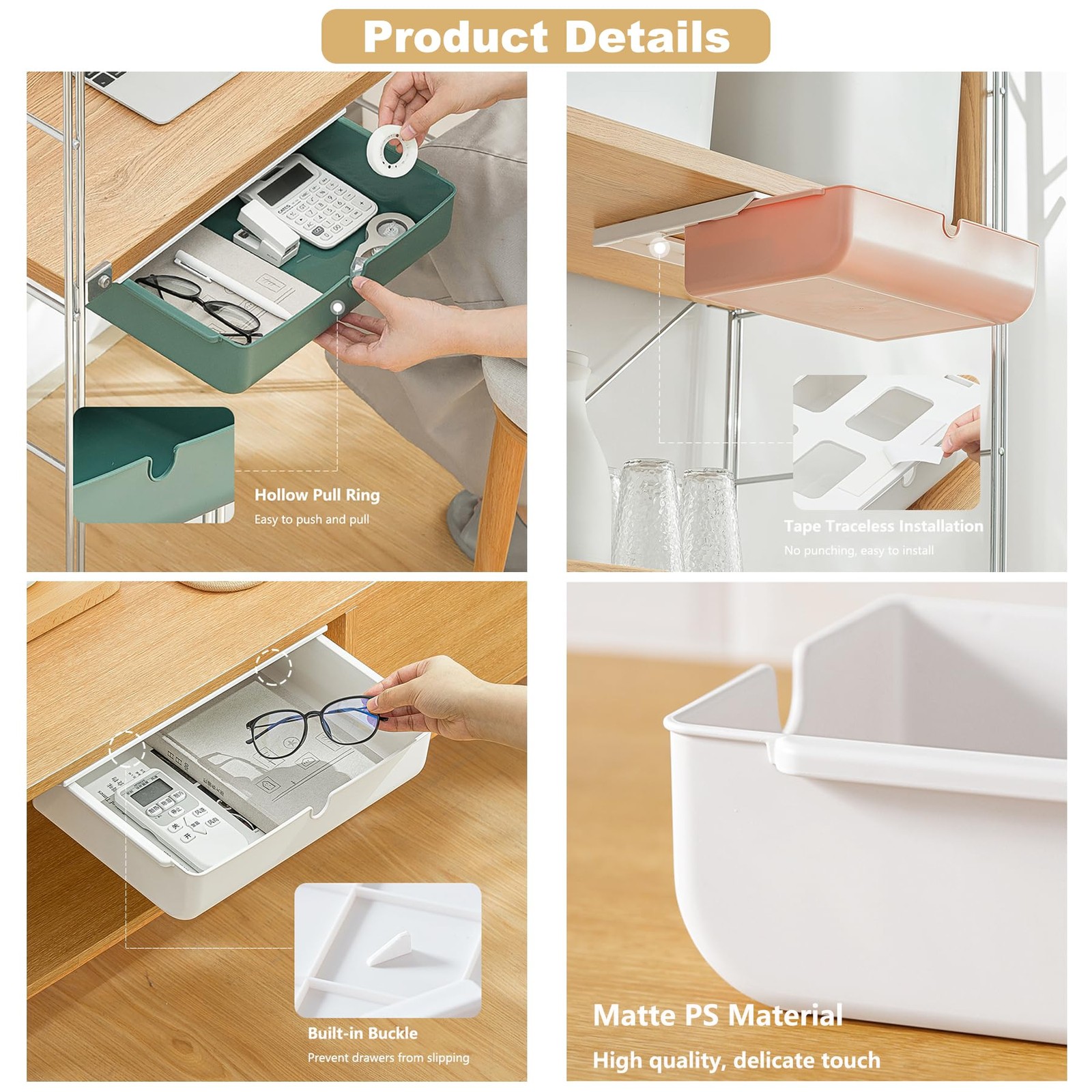 2 Pack Under Desk Drawer, Large & Medium Self-Adhesive White