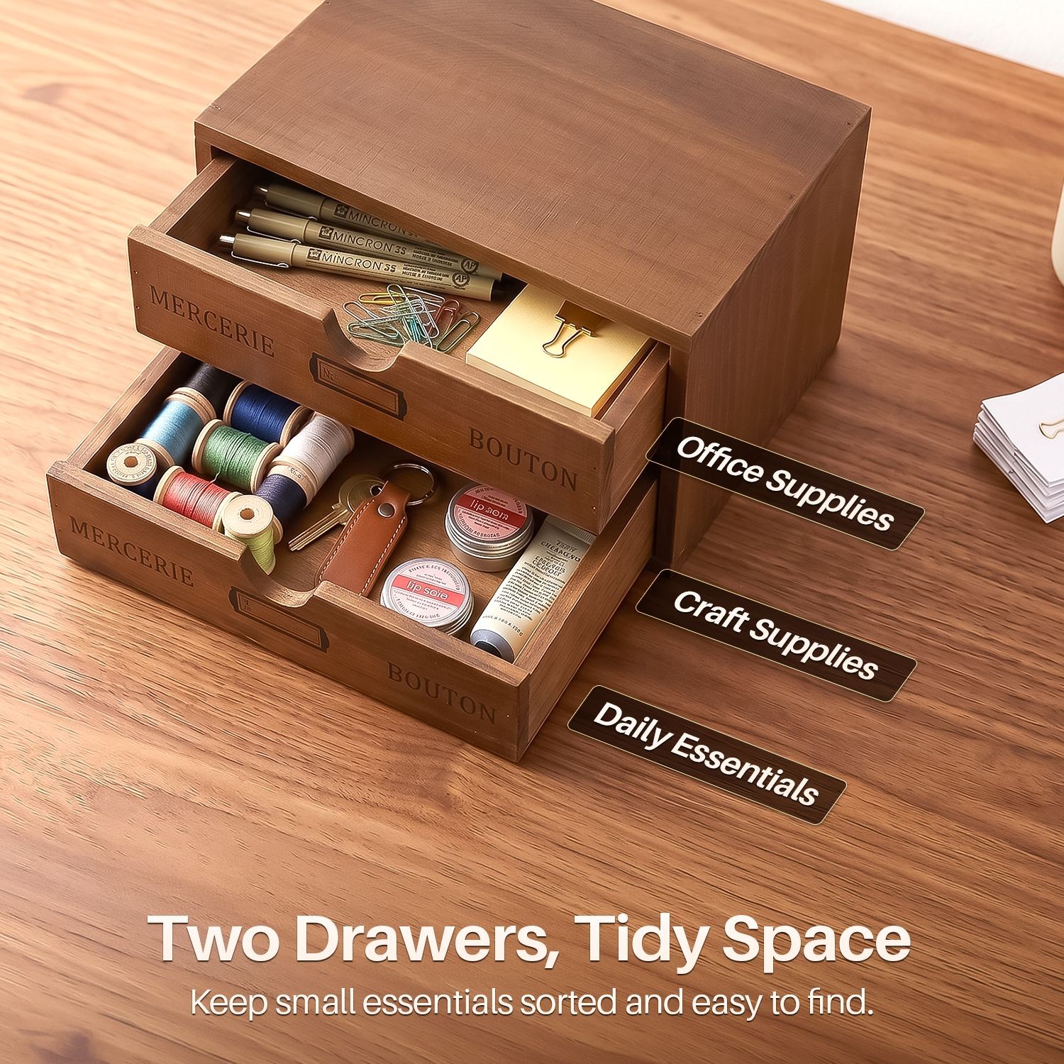 2-Tier Wooden Desktop Office Supplies Organizer Cabinet w/ 2 Storage Drawers Set