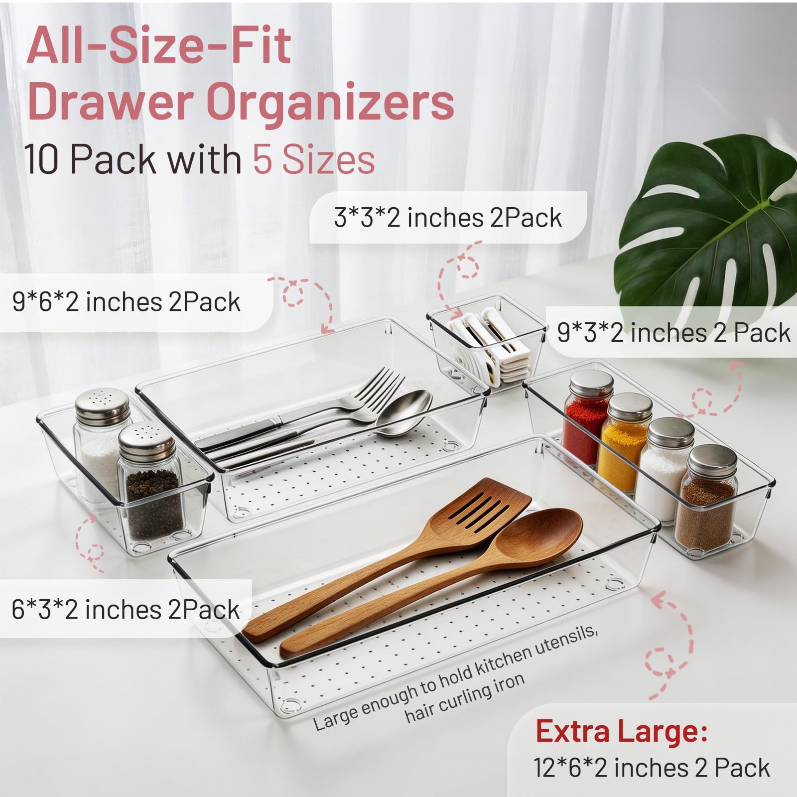 CHOWAY Drawer Organizer, 10 Pack Large Clear Plastic Organizer Bins 5