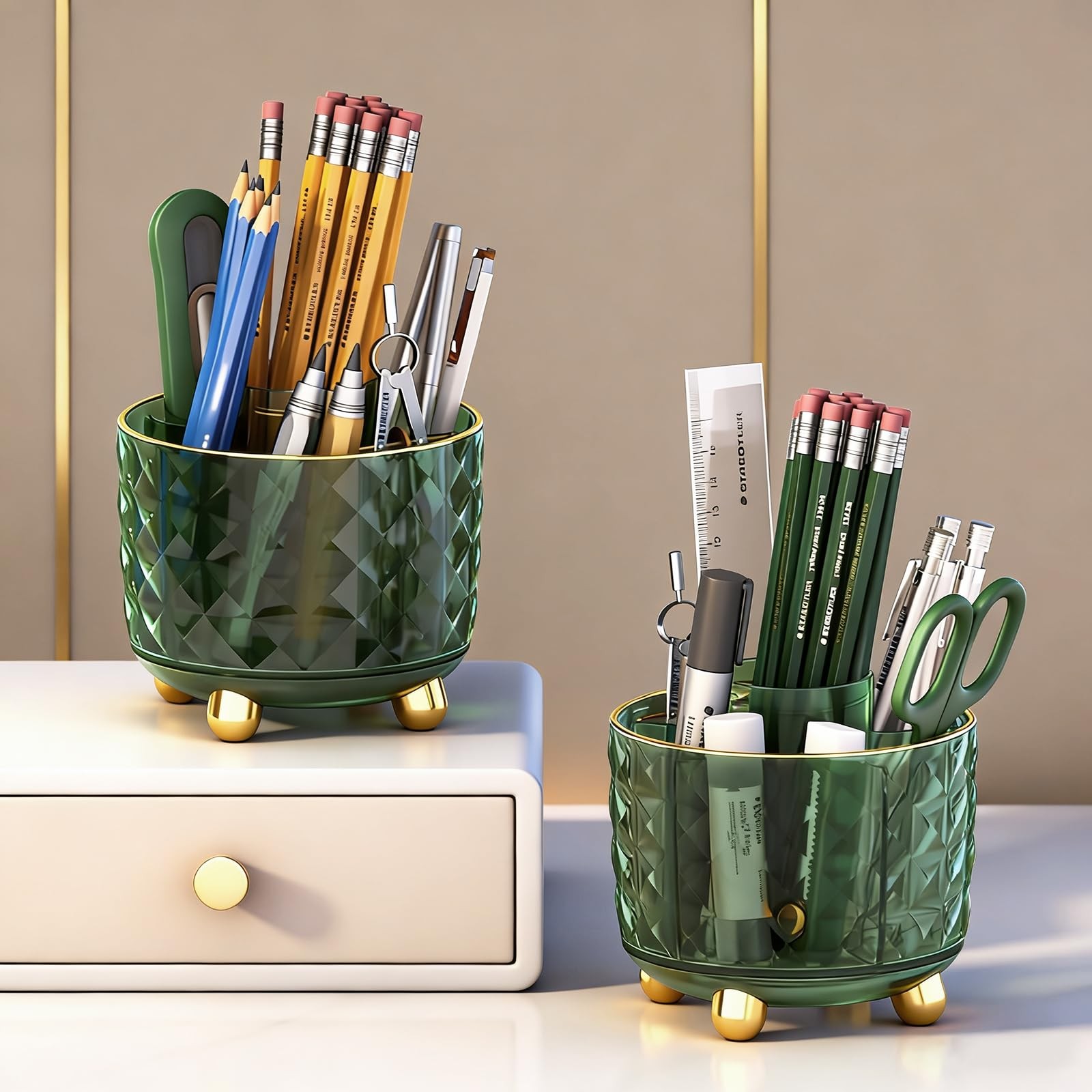 Dark Green Pen Pencil Holder for Desk, 360° Rotating Pen Organizer, Green Off…