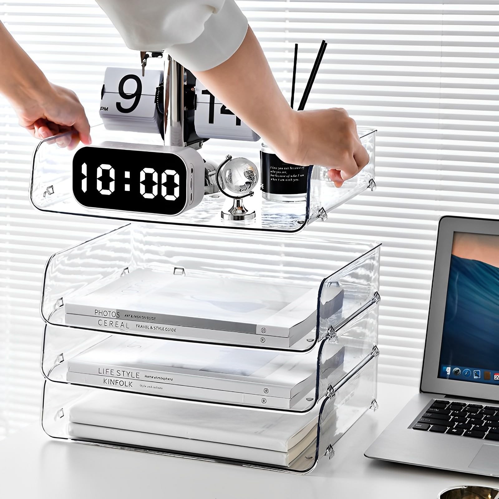 Gagee 4 Pack Paper Organizer for Desk,Stackable 4 Horizontal, Transparent