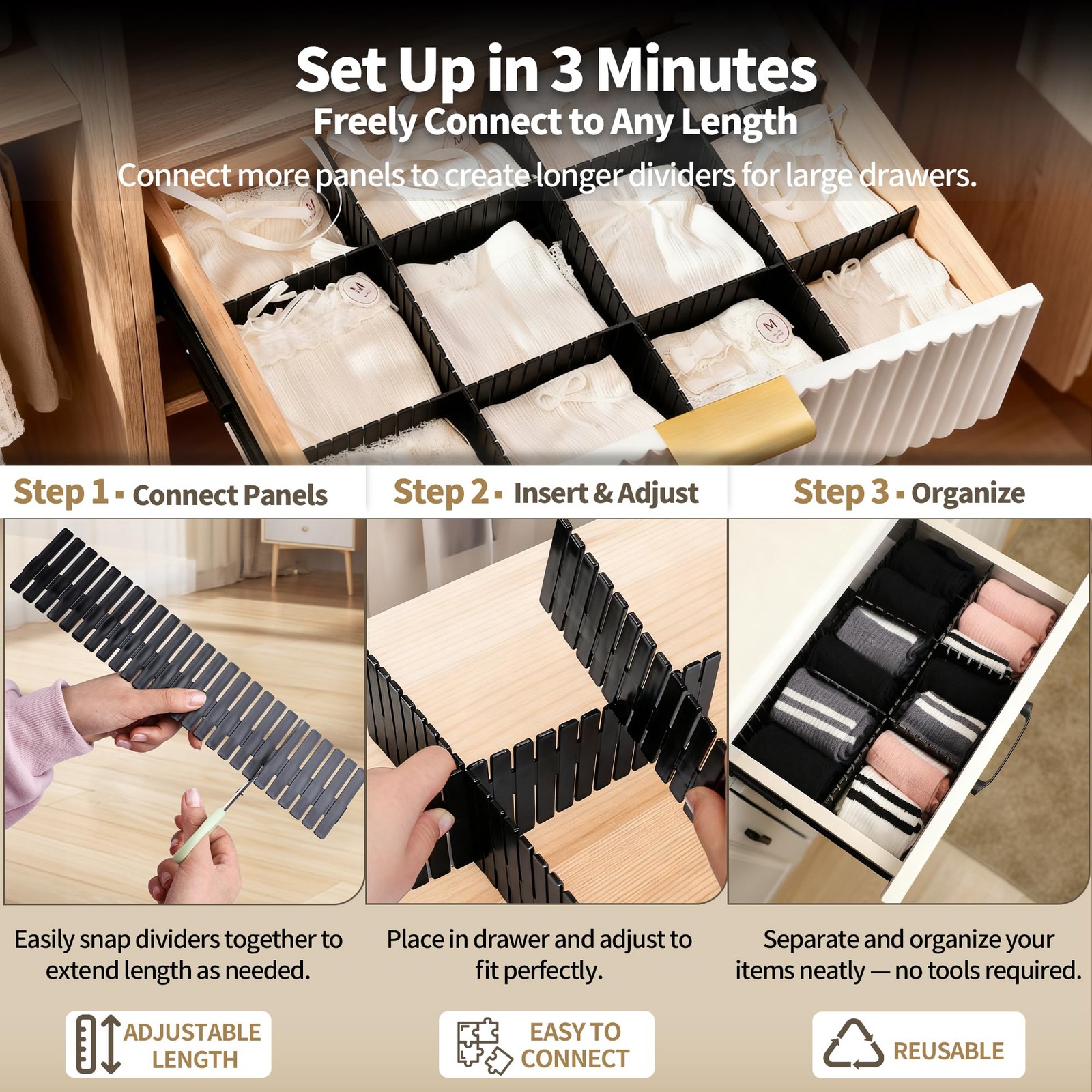 Bofoho Drawer Divider Adjustable Diy Storage Organizer Separator Black 8pcs