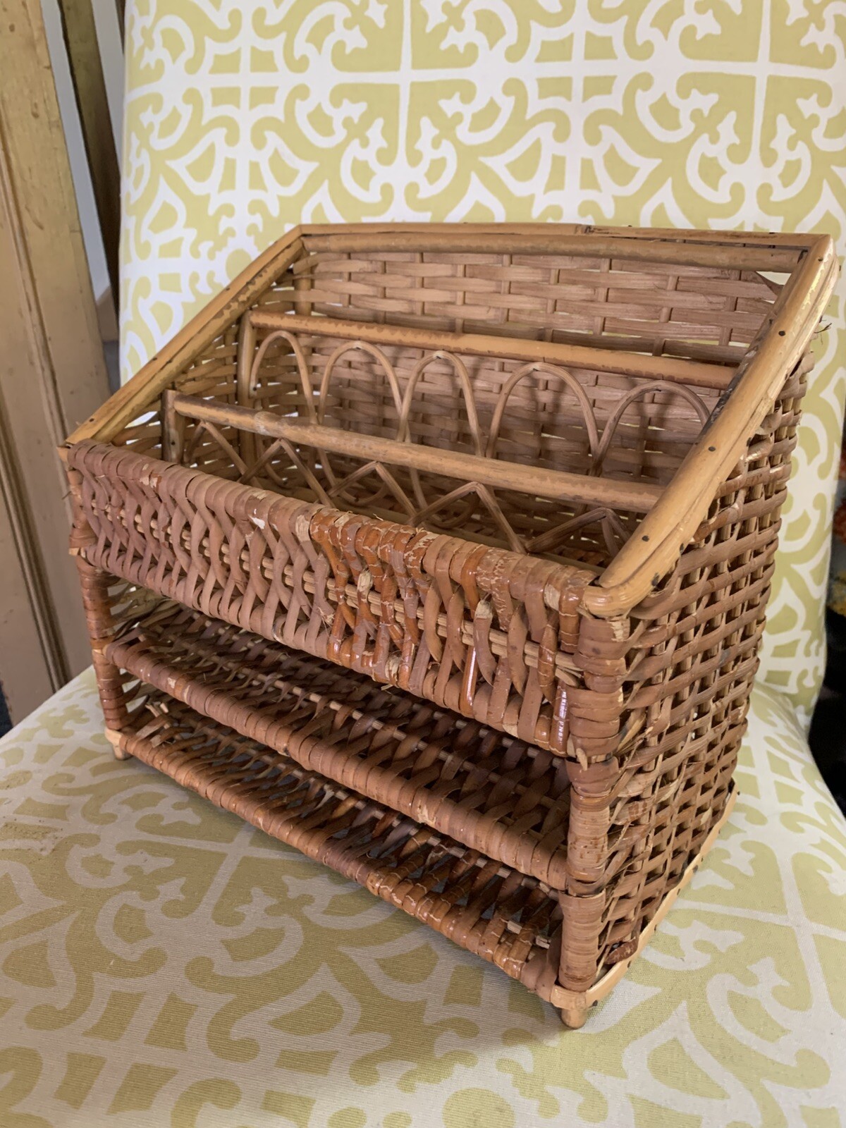 Vintage BoHo Mail Letter Office Supplies Wicker Bamboo Desktop Office organizer