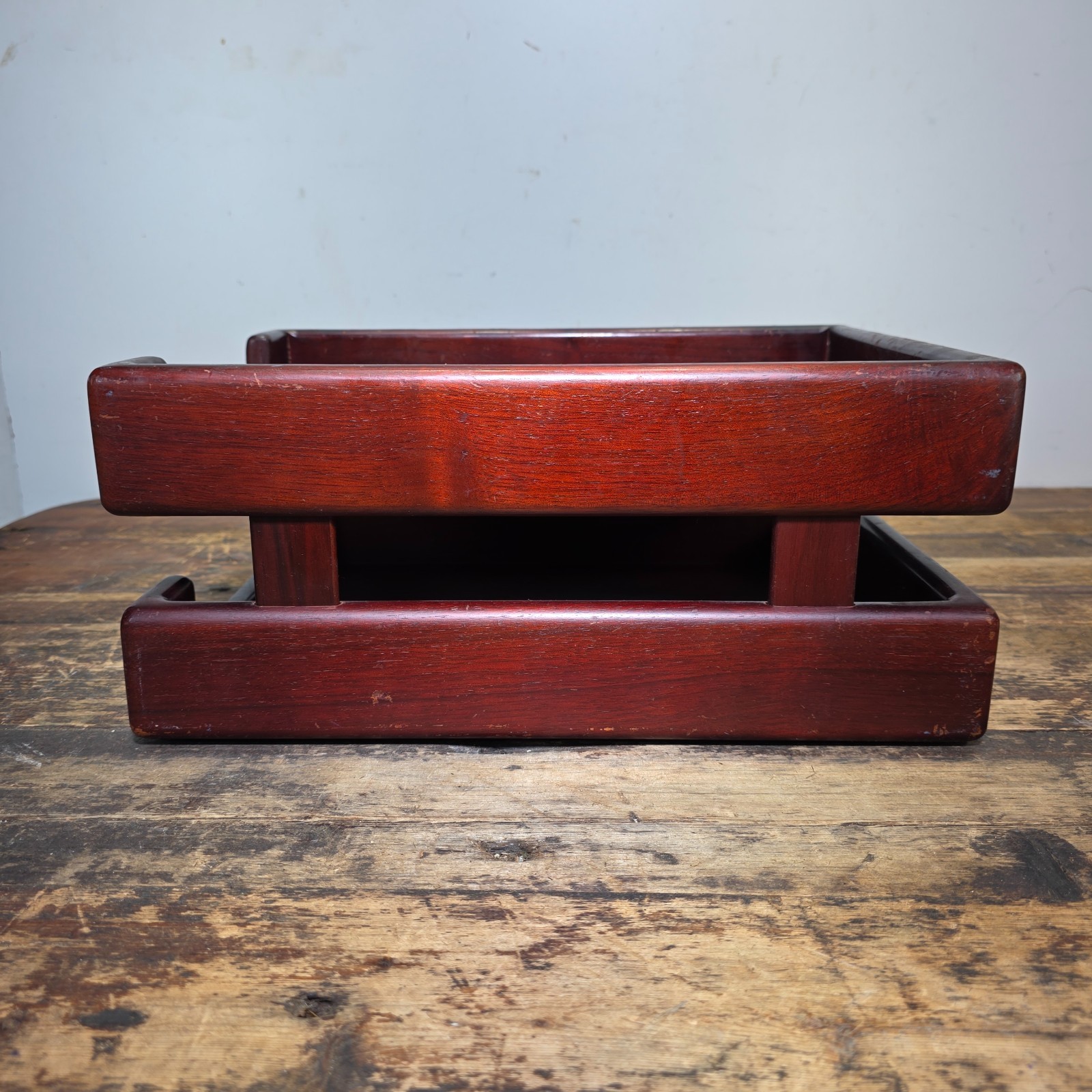 Vintage Wood 2 Tier Letter Tray Desk Organizer Mid Century Modern Rustic Style