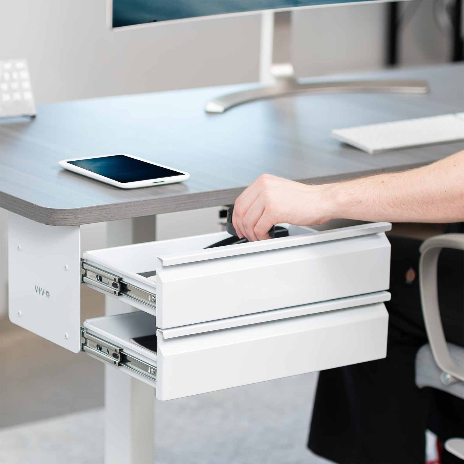 16 inch Slide Out Dual Tier Desk Drawer, Under Desk 2 Layer Storage, White, D…