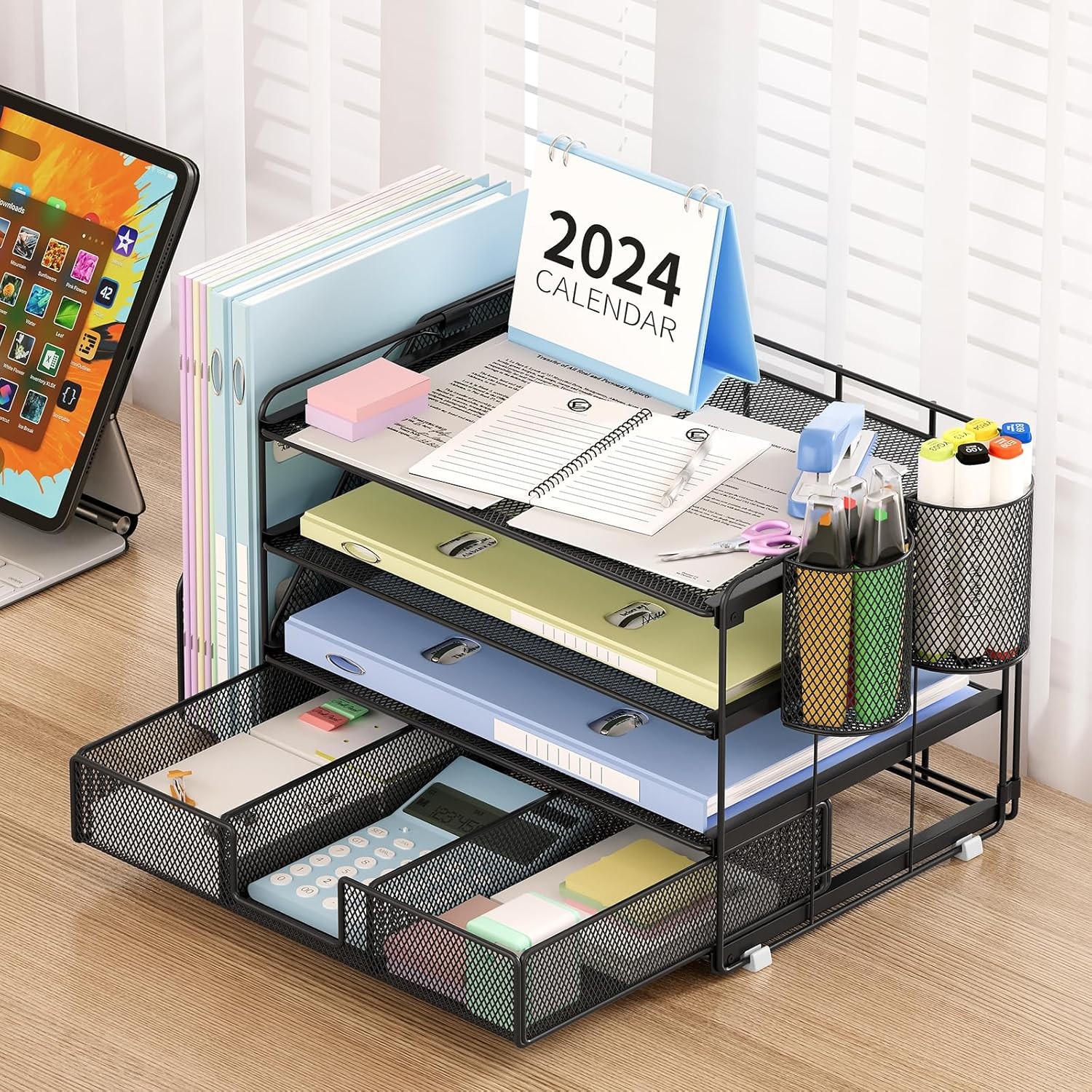 4-Tier Desk Organizer with Drawer & Pen Holders – Office Supplies (Black)