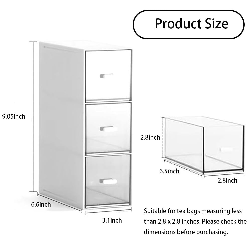 Plastic Tea Bag Organizer with 3 Drawers, 3.1in L x 6.6in W x 9.05in H, White