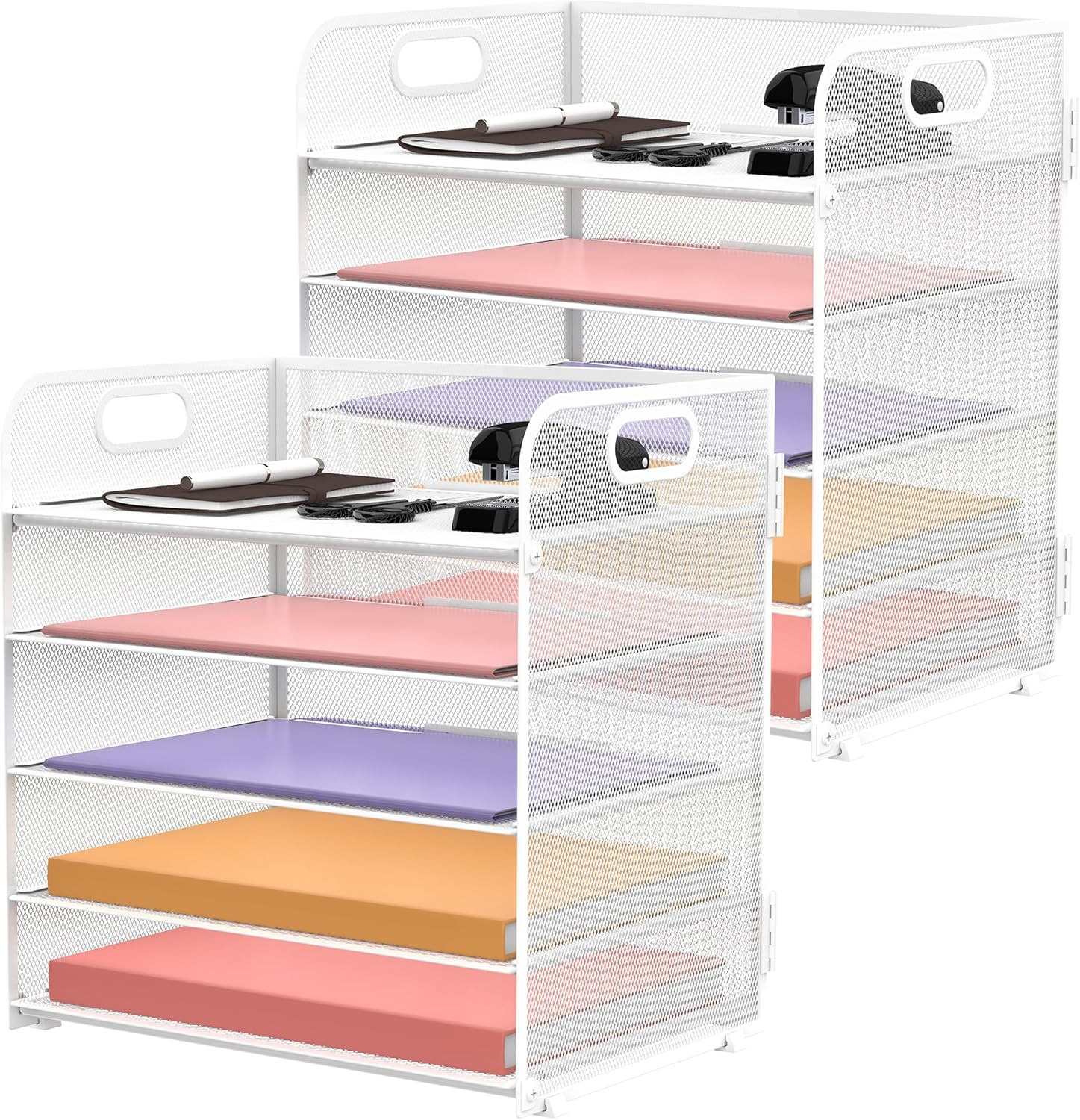 2 Pack 5-Tier White Desk Organizer with Handle Mesh Desk File/Paper Organizer Le