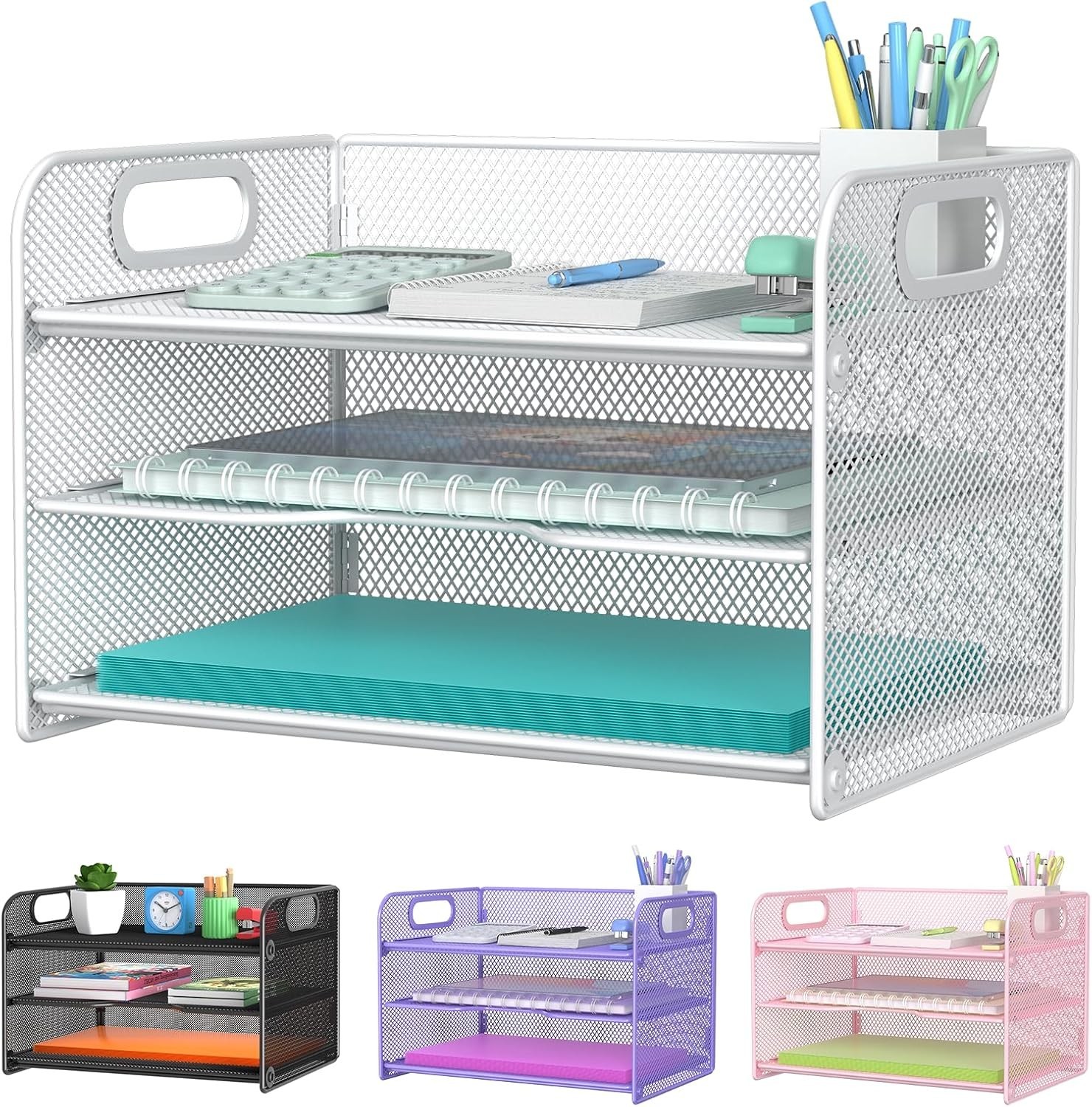 3 Tier Letter Tray Paper Organizer W/ Handle Mesh Desk Organizer Paper Sorter