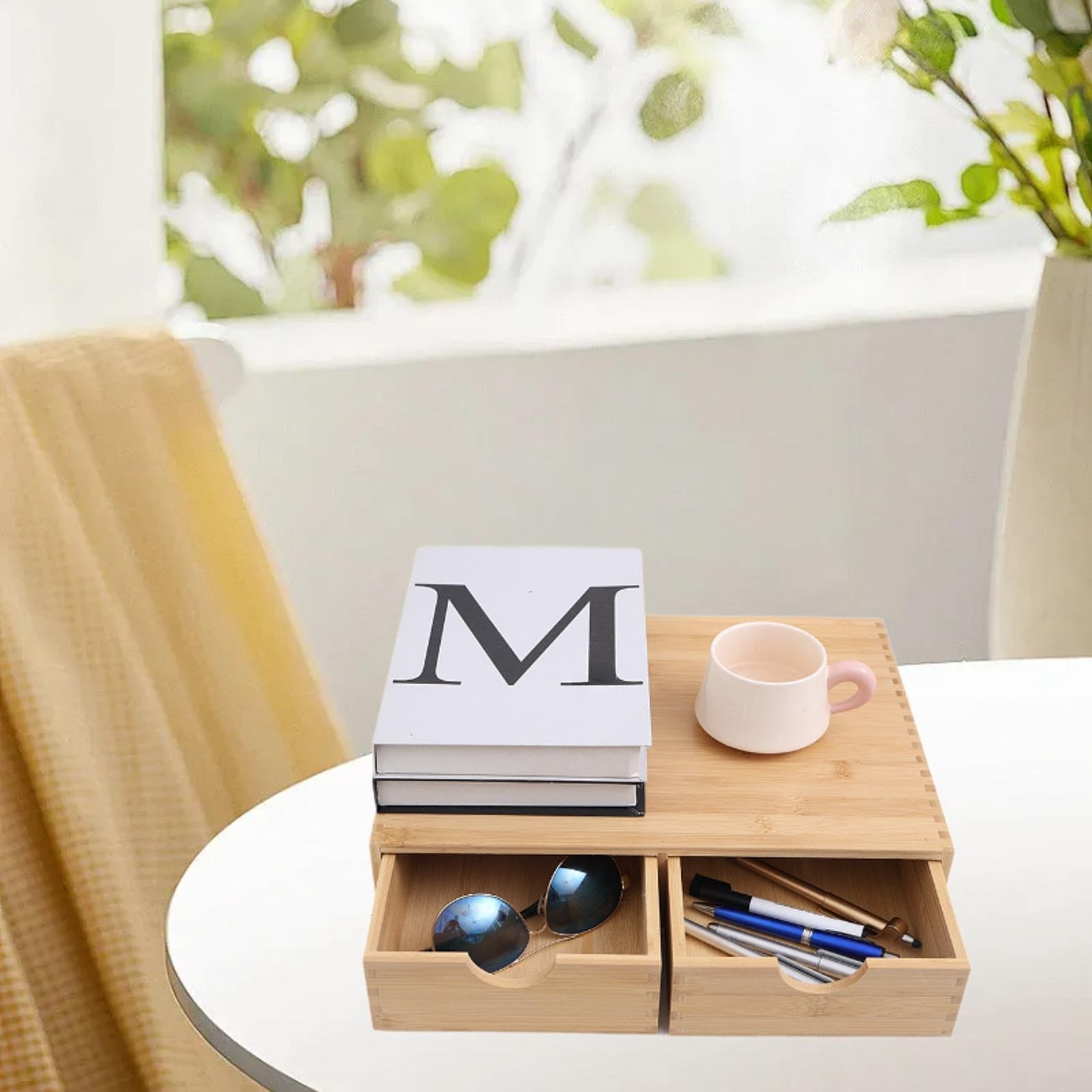 Bamboo Desk Organizer Cup Holder Home Decor No Assembly Required Desktop Drawer