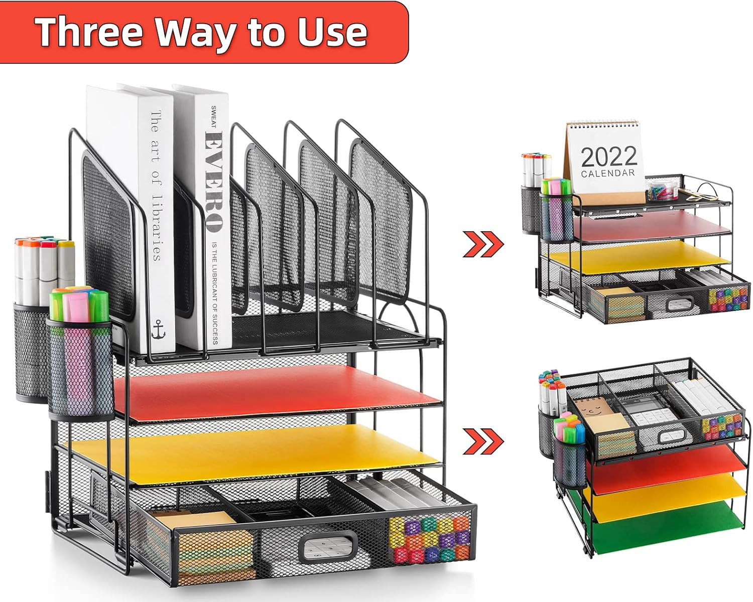 Desk Organizer with Drawer, 4-Tier Mesh File Organizer with 5 Vertical File Hold