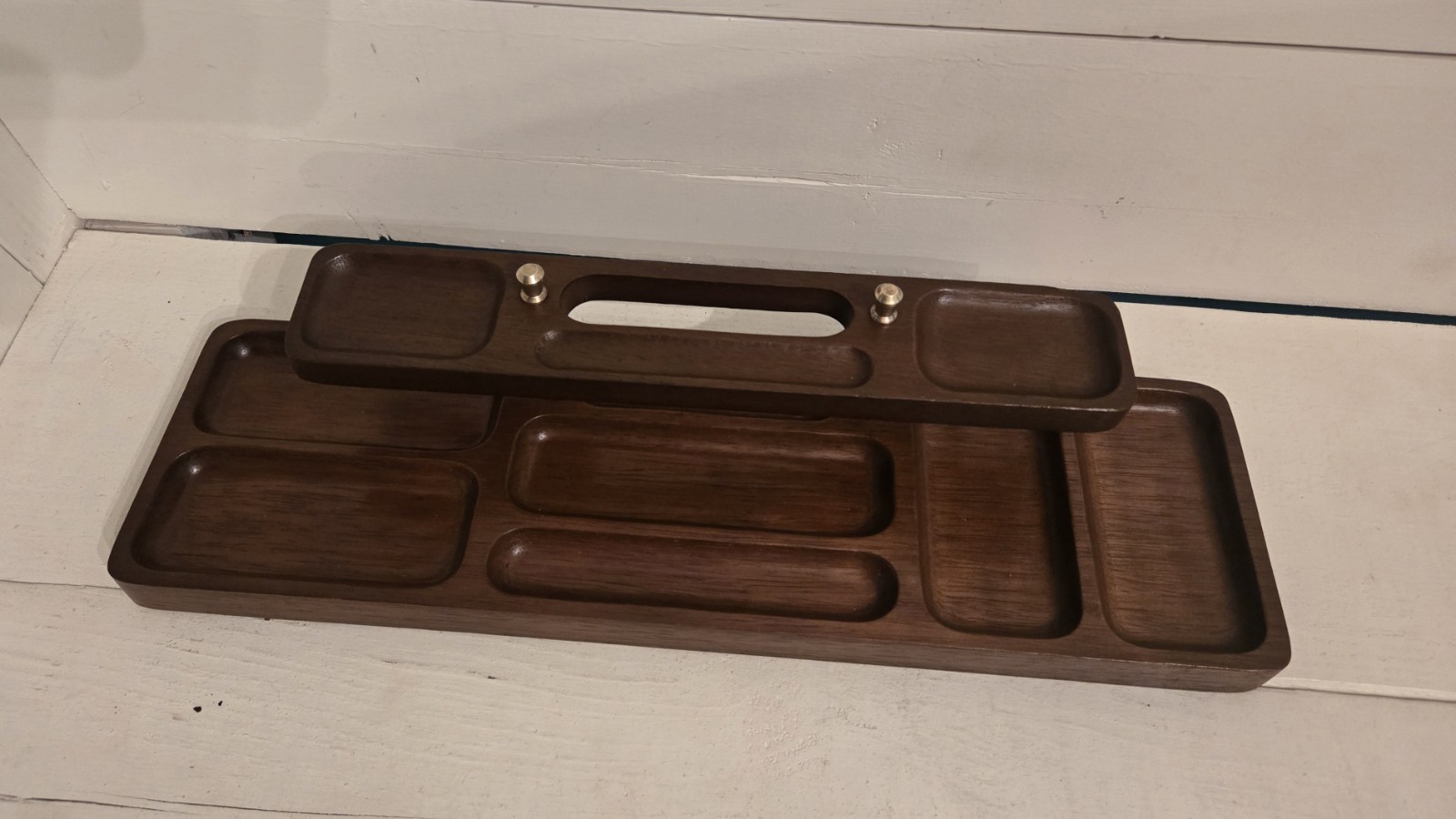 VTG Swank Wood Desk Valet, Organizer with Brass Details. 17.5 x 4.5.