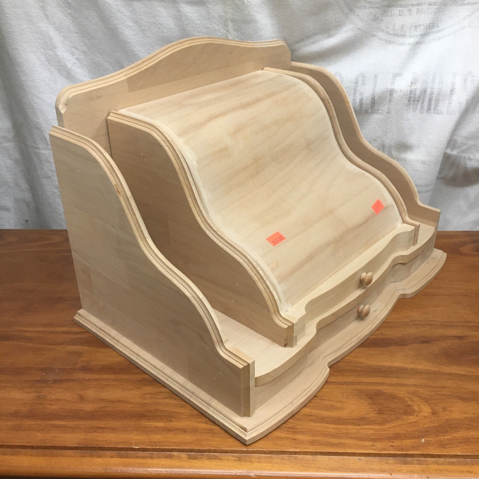 Large 4-Tier WOOD Desktop Organizer CABINET with 2 Drawers NOS Made In USA w3