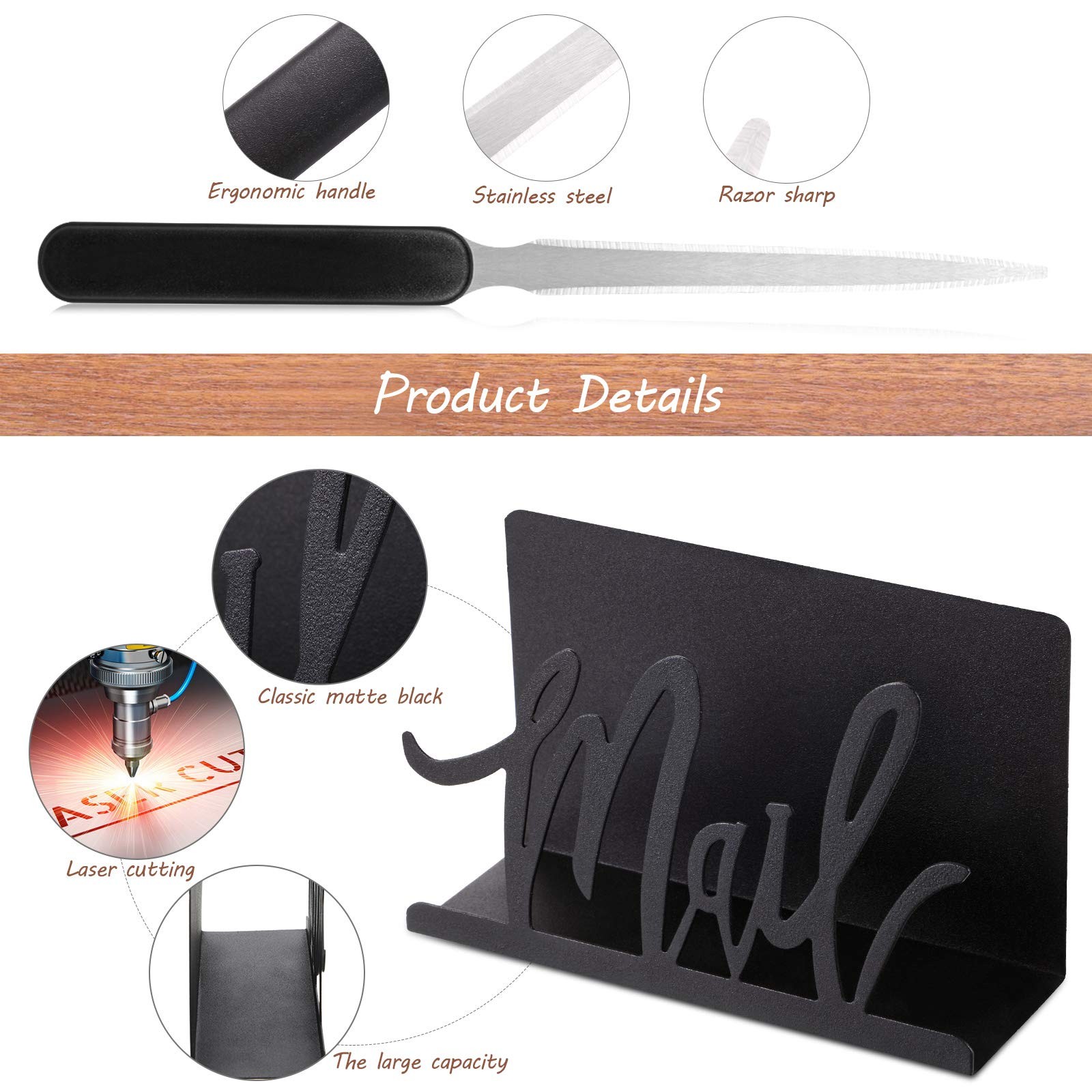 Black Metal Mail Holder Countertop Organizer with Cutout Lettering Letter Opener