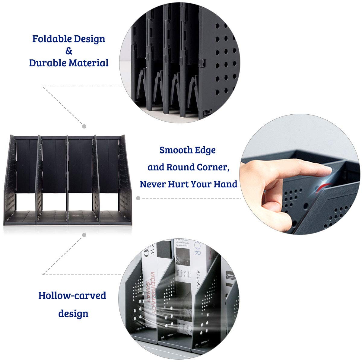 SAYEEC Collapsible Magazine Holder Plastic 1 Pcs, Black (4 Compartments)