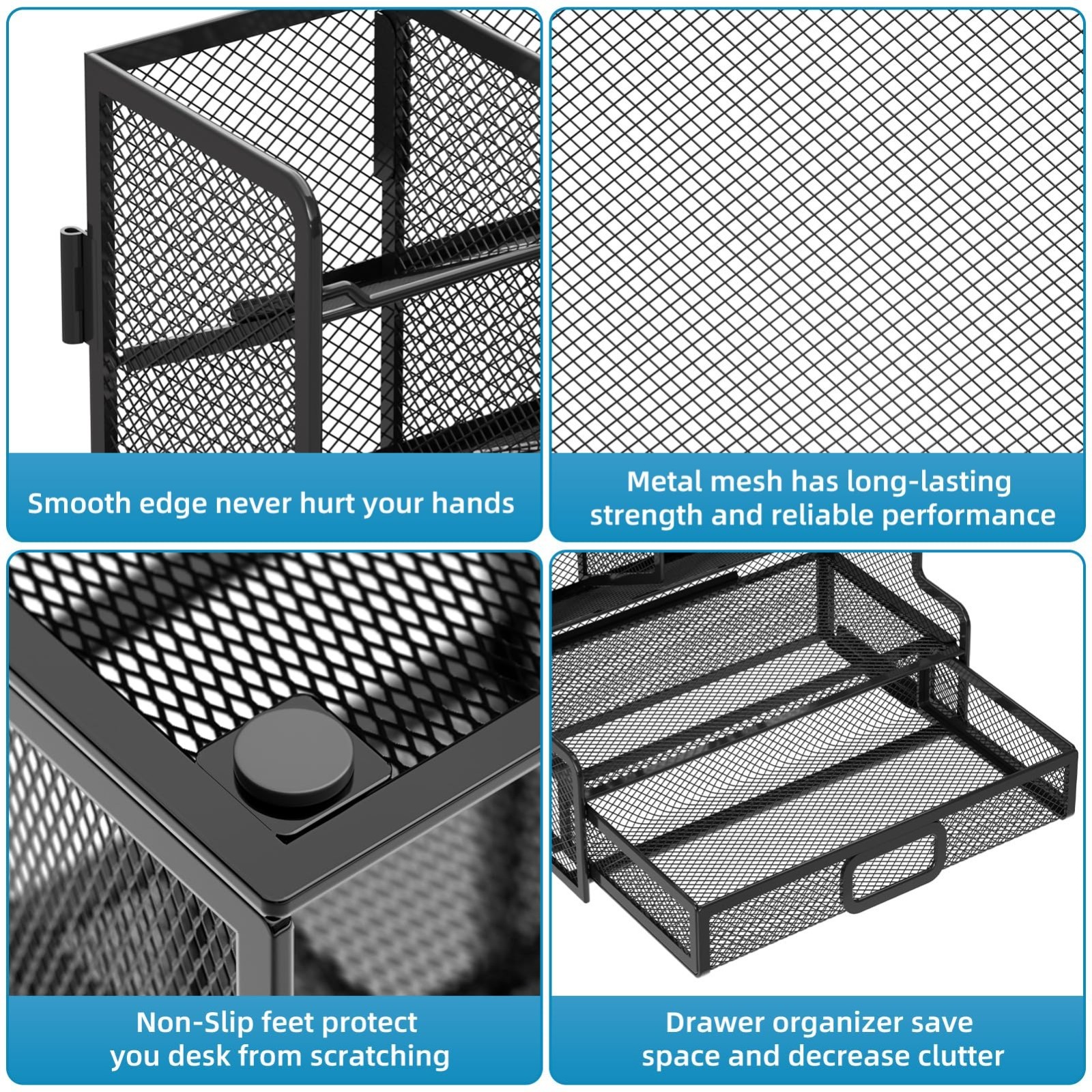 Larger Mesh Desk Organizer with Drawer, Multi-Functional Pen Holder, Easy Assemb