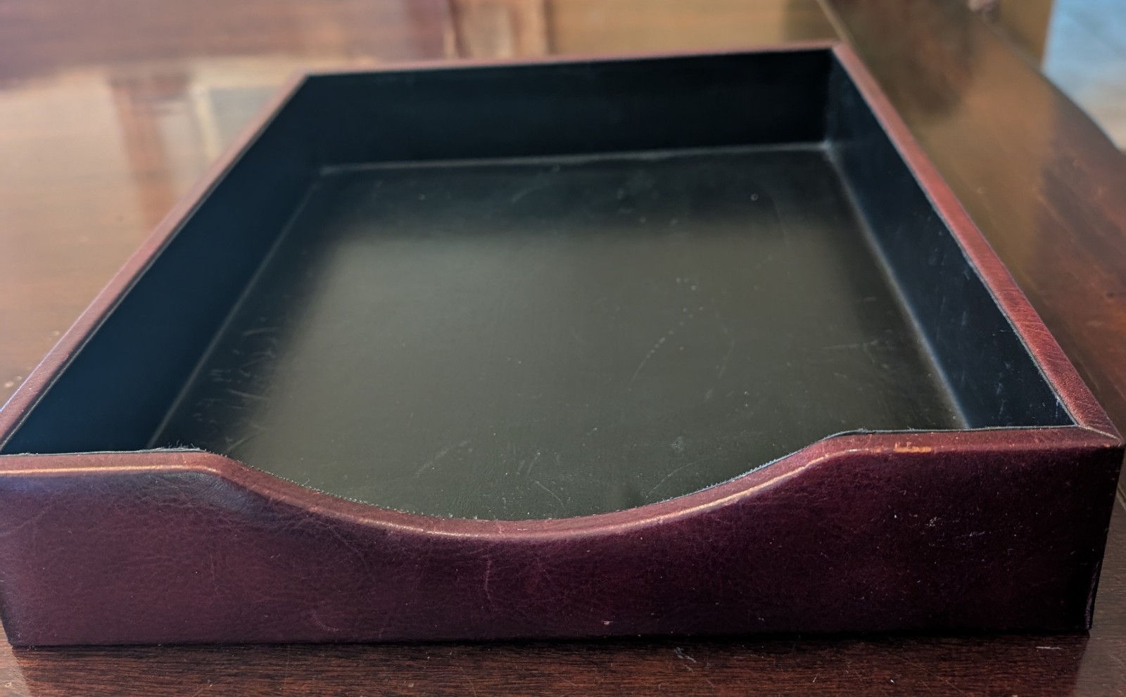 Bosca Hand Stained Hide Brown Leather Desktop Letter Tray Organizer 13″ x 10.5″