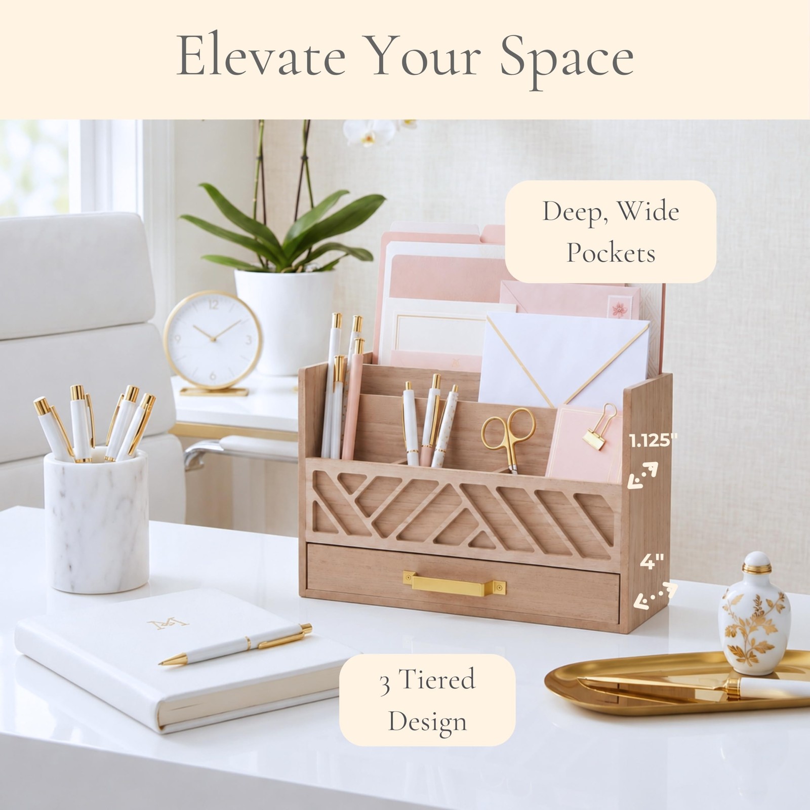 | Wooden Mail Organizer with Drawer and Gold Handle | Outgoing Mail Holder an…